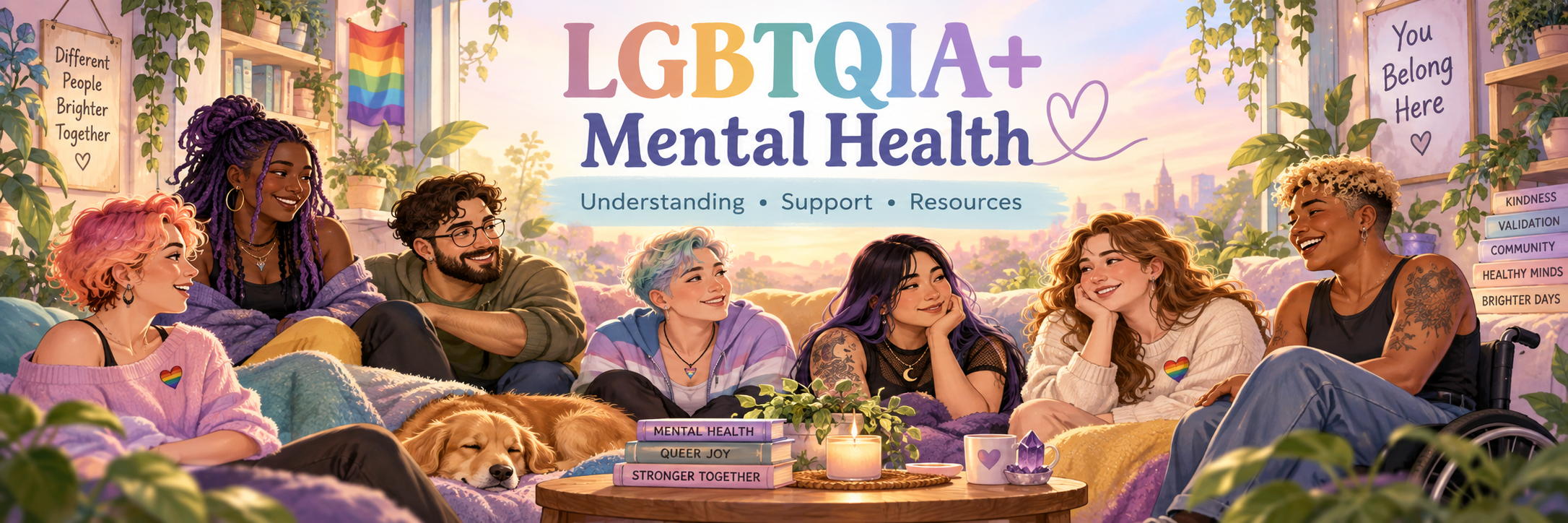 LGBTQIA+ Mental Health — Understanding, Support and Resources, showing a diverse inclusive community in a calm welcoming setting.