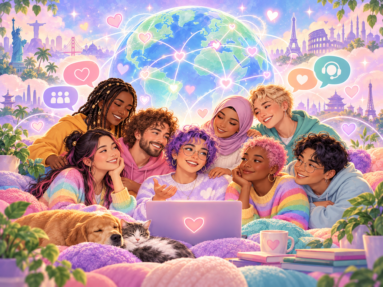 Diverse LGBTQIA+ people connected around the world through community, mental-health and support pathways