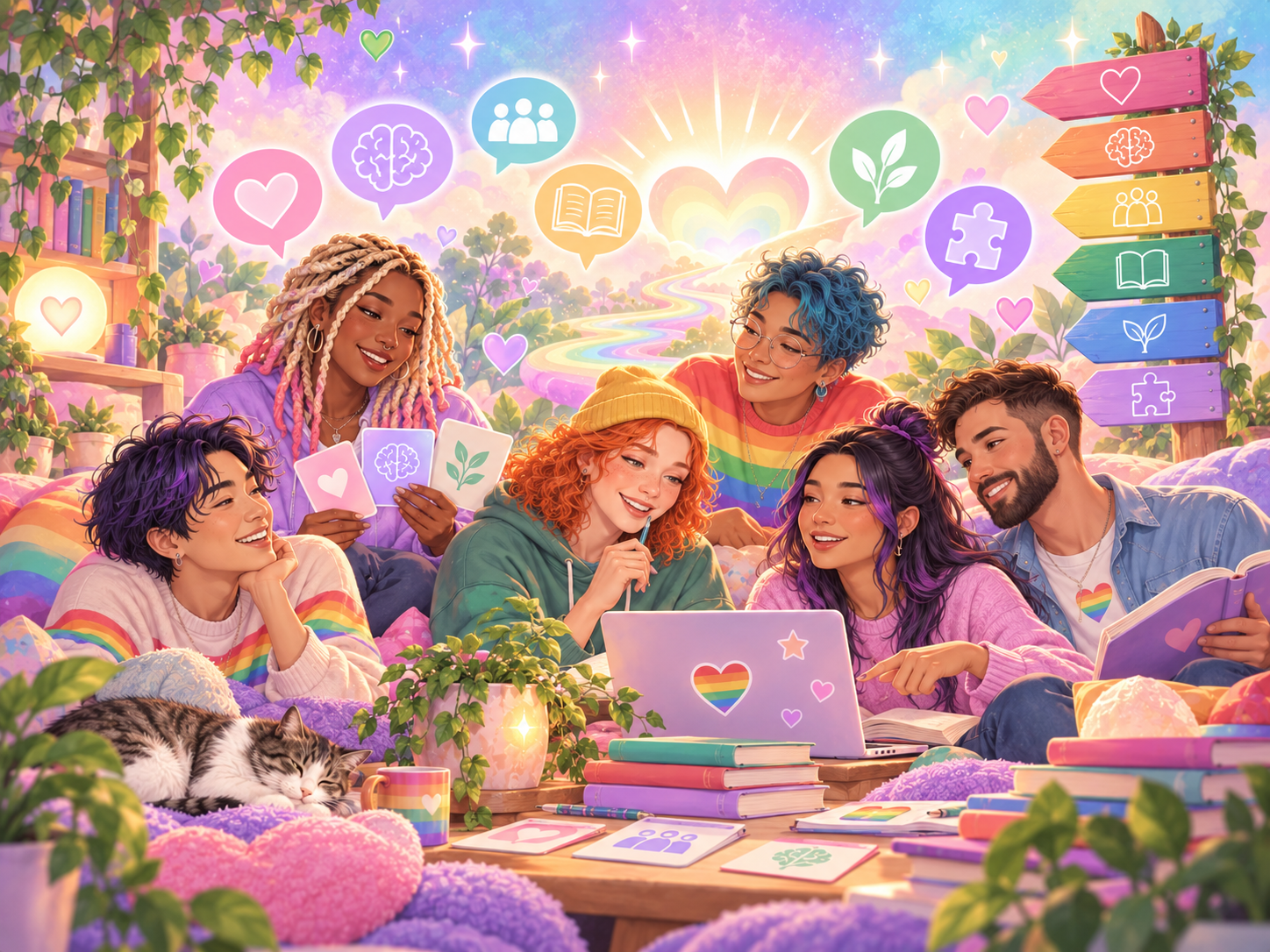 Diverse LGBTQIA+ people exploring mental-health, community and support pathways together