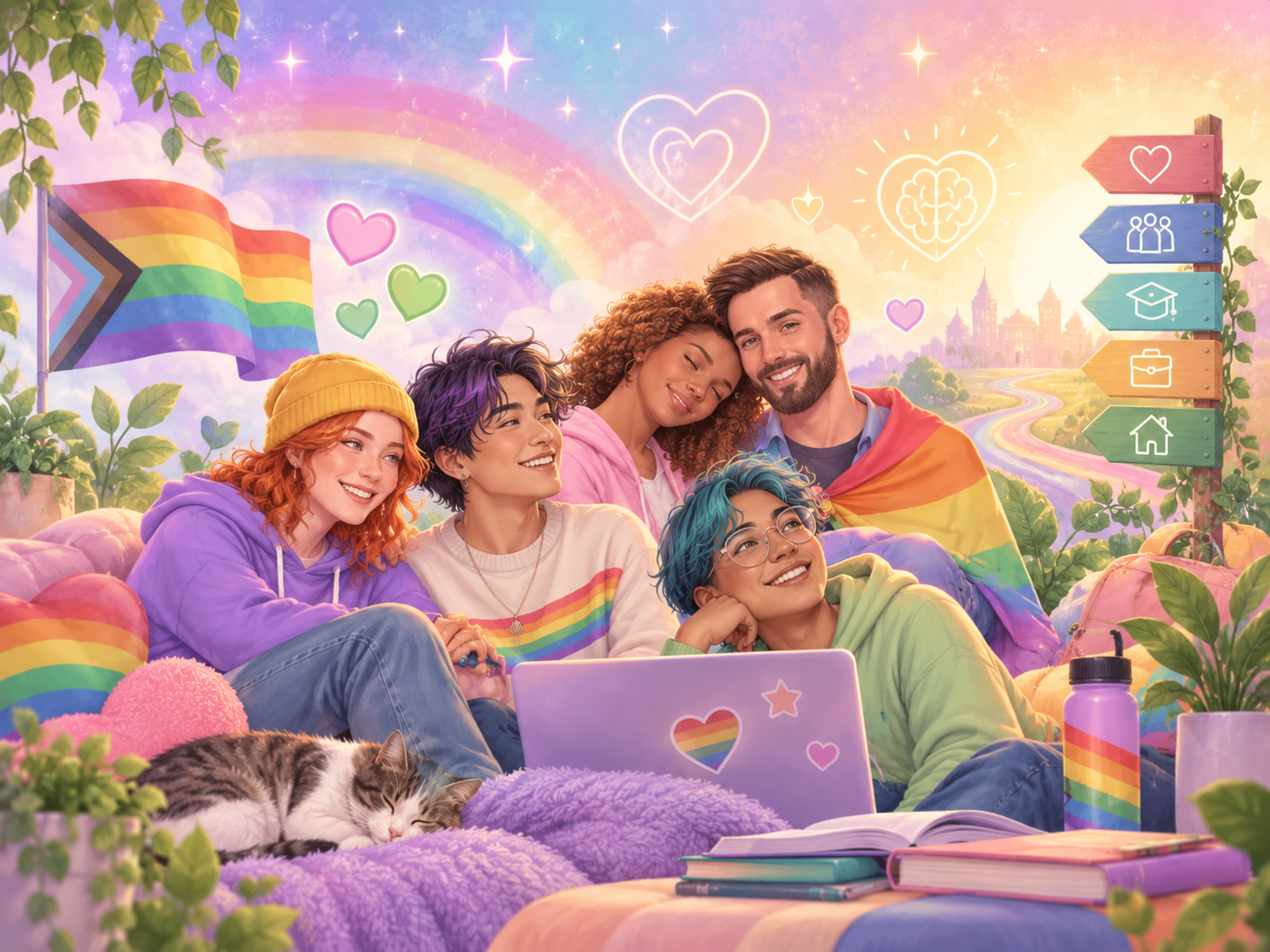 Diverse LGBTQIA+ young people gathered together in a warm supportive setting with gentle rainbow and wellbeing imagery