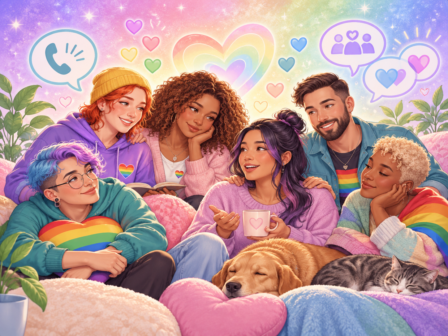 Inclusive LGBTQIA+ peer-support scene showing community, listening, reassurance and safe help-seeking