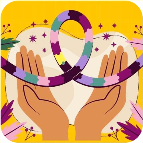 Earlier Aspie Answers branding showing hands holding a colourful infinity symbol on a yellow background.