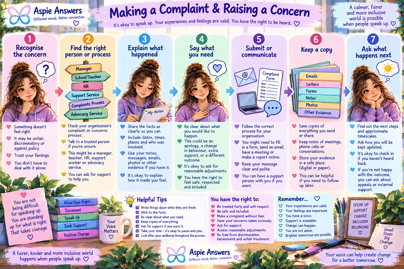 Illustrated step-by-step pathway for making a complaint or raising a concern, from identifying the issue through to asking what happens next.