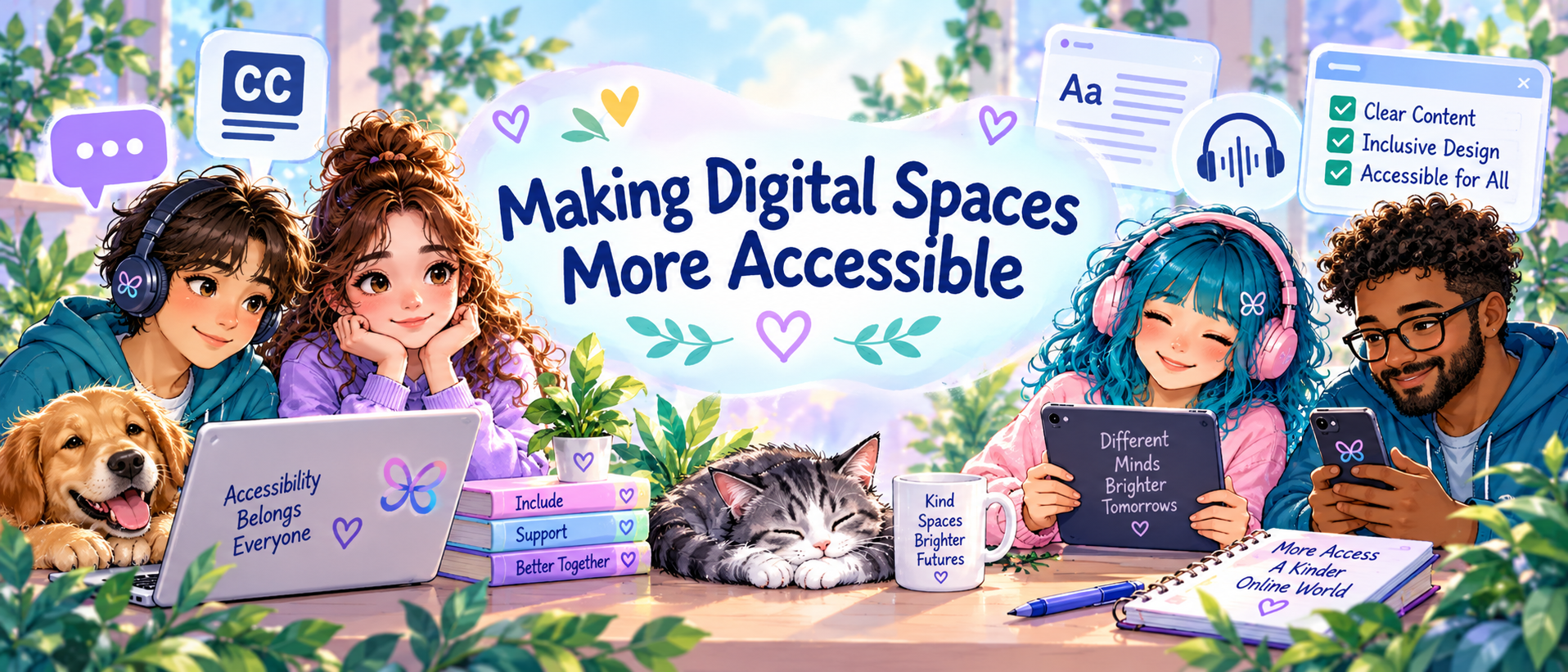 Making Digital Spaces More Accessible illustration encouraging practical improvements, inclusive testing, accessible content, flexible communication and ongoing accessibility checks.