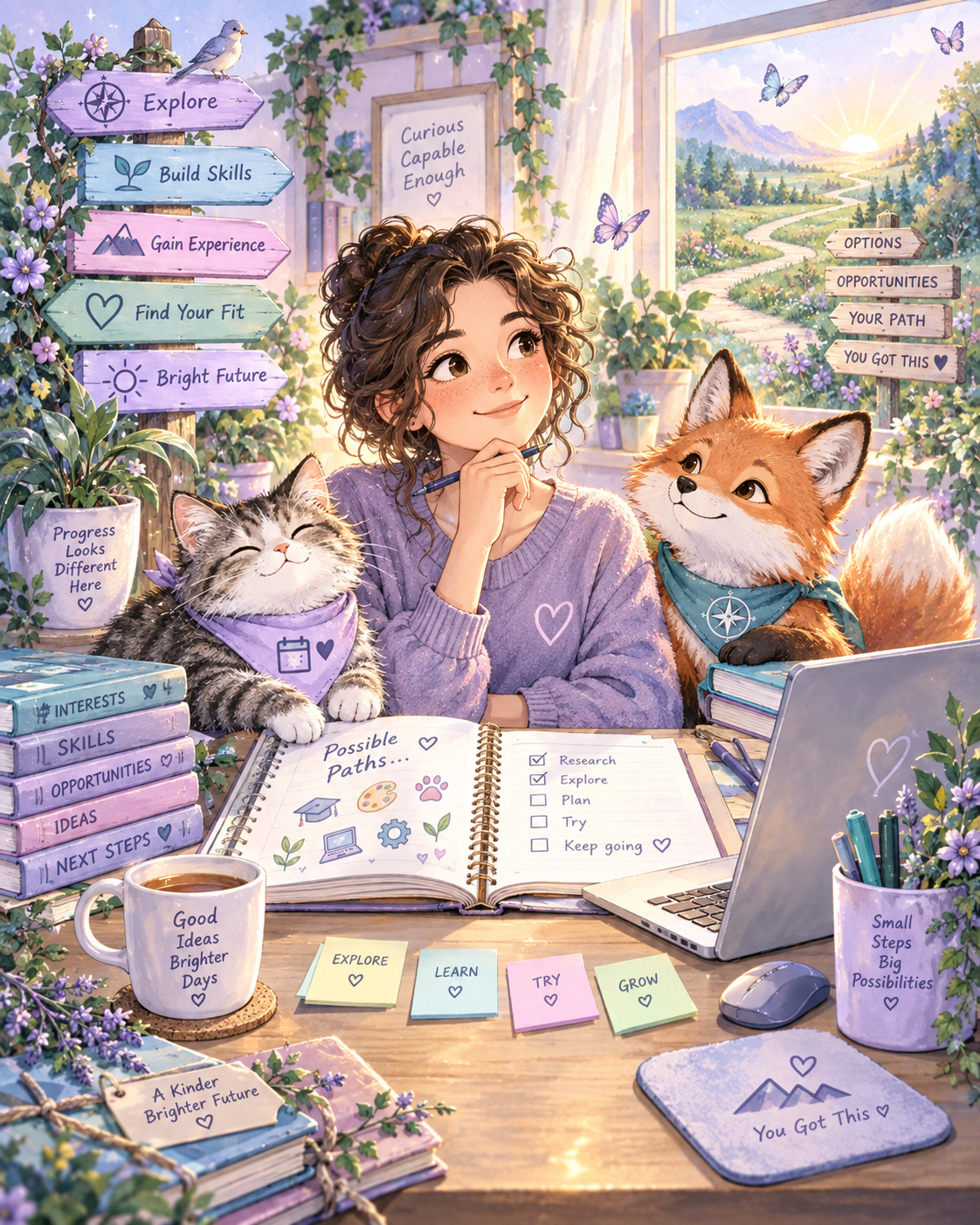 Semi-realistic kawaii career-planning scene with organised next steps, applications and a path toward future work