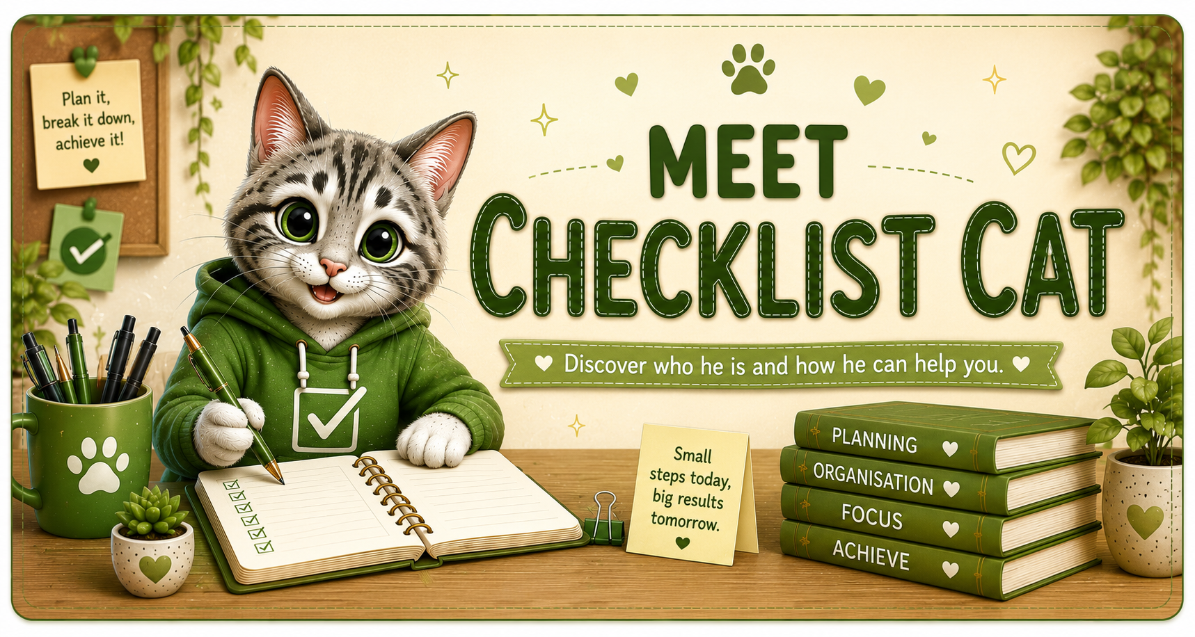 Meet Checklist Cat, the grey tabby Aspie Answers Companion in a green hoodie with a checklist and planning tools.