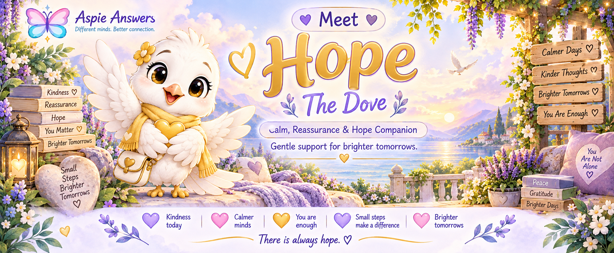 Meet Hope, the Aspie Answers dove Companion for calm reassurance, gentle encouragement and hope.