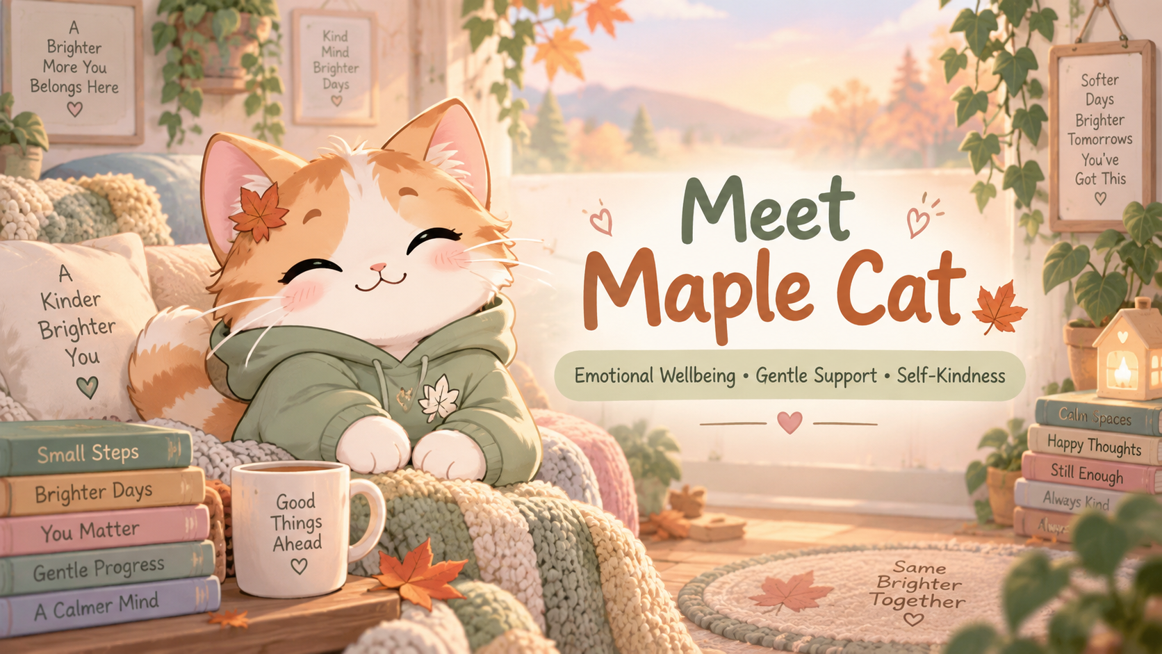 Meet Maple Cat, the Aspie Answers Emotional Wellbeing Companion for gentle support, self-kindness and encouragement.