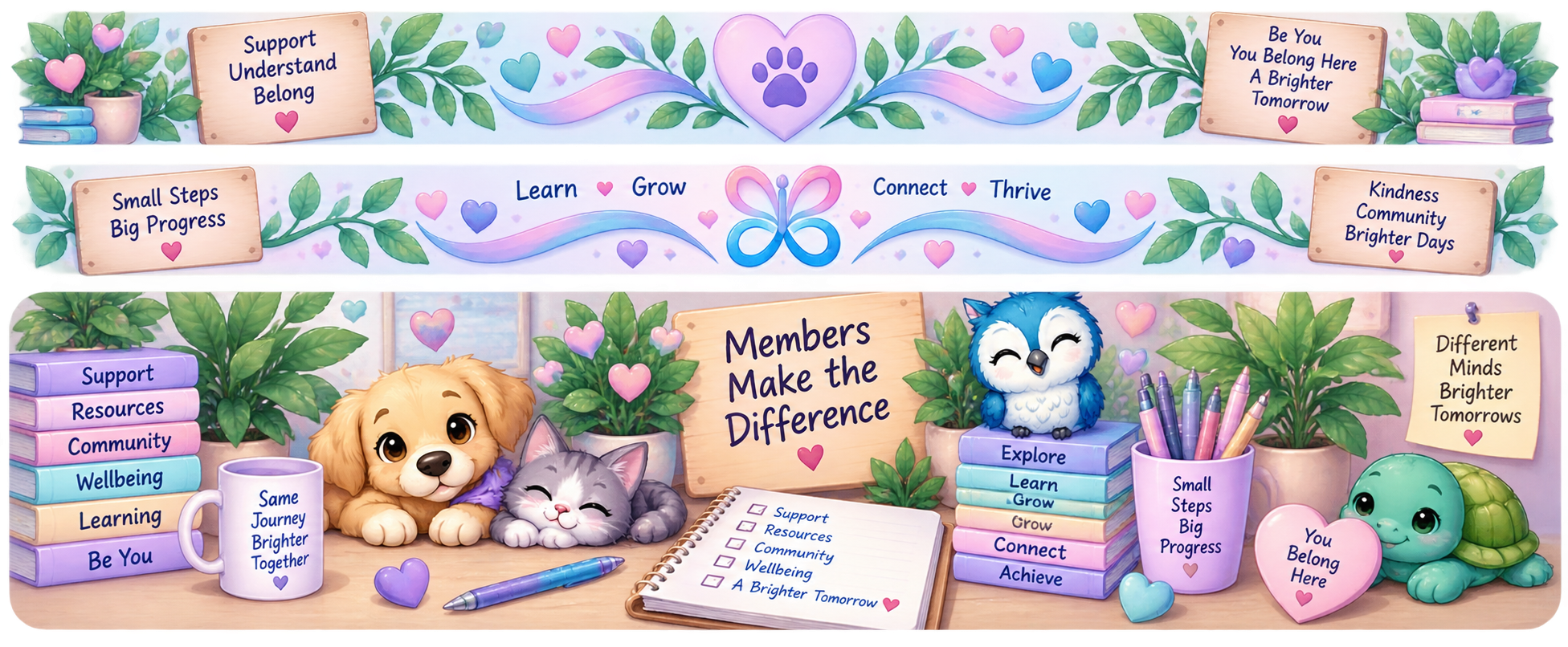 Pastel Members Hub divider about support, belonging, learning, growth and brighter days
