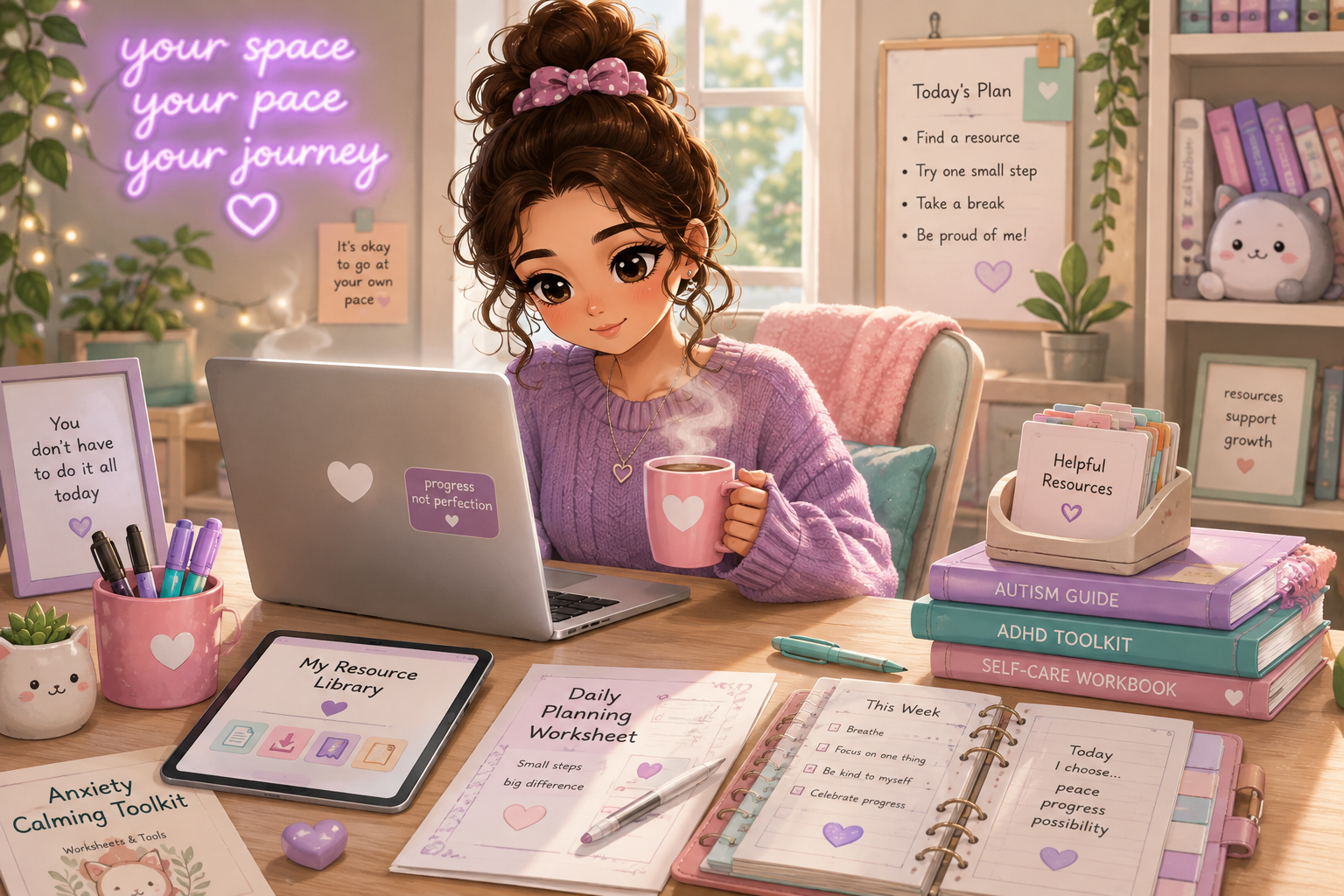 Kawaii semi-realistic person exploring Aspie Answers resources, planners, worksheets and wellbeing tools