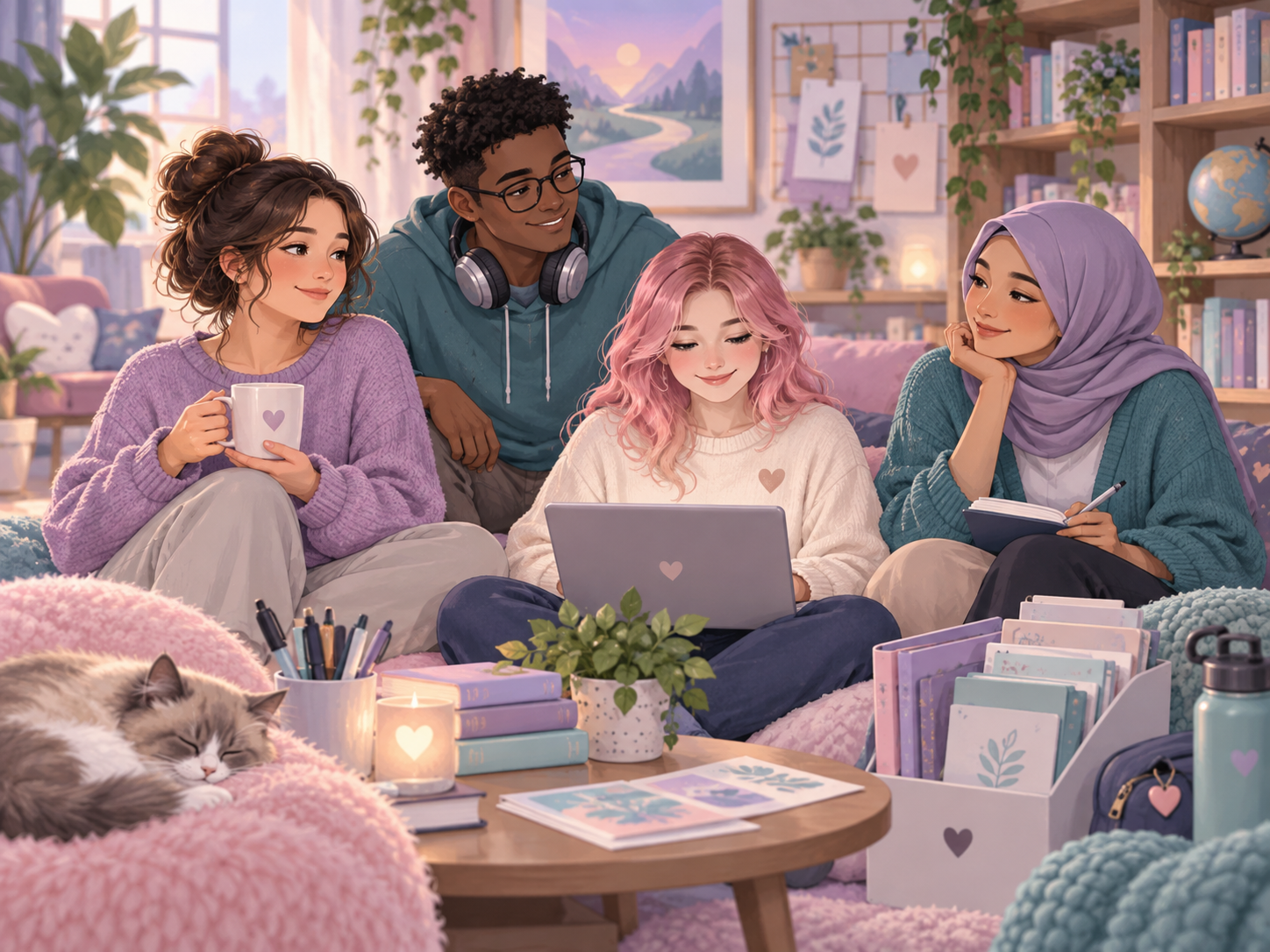 A calm and inclusive Aspie Answers members space with people connecting in a welcoming pastel environment