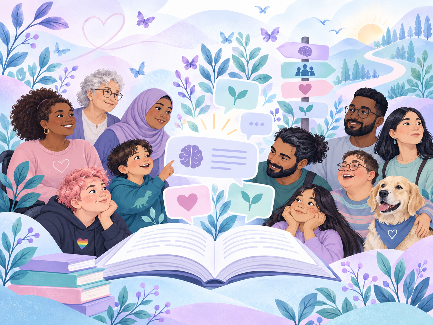 People across different life stages gathered around an open book with communication and support symbols.