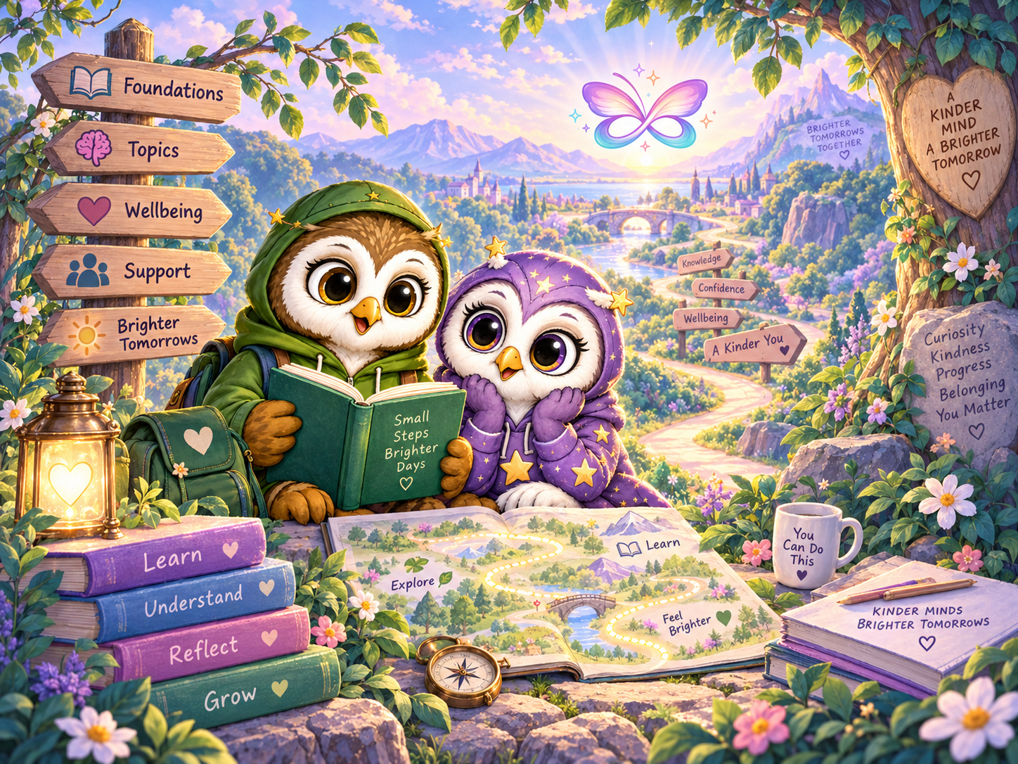 Olive Owl and Twinkle Owl, the Aspie Answers learning Companions, welcoming visitors to Mental Health Education.