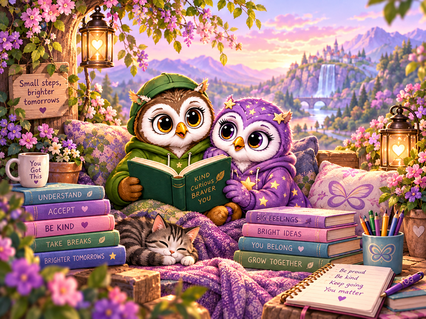 Olive Owl and Twinkle Owl in a calm learning setting encouraging gentle mental health education and taking breaks.
