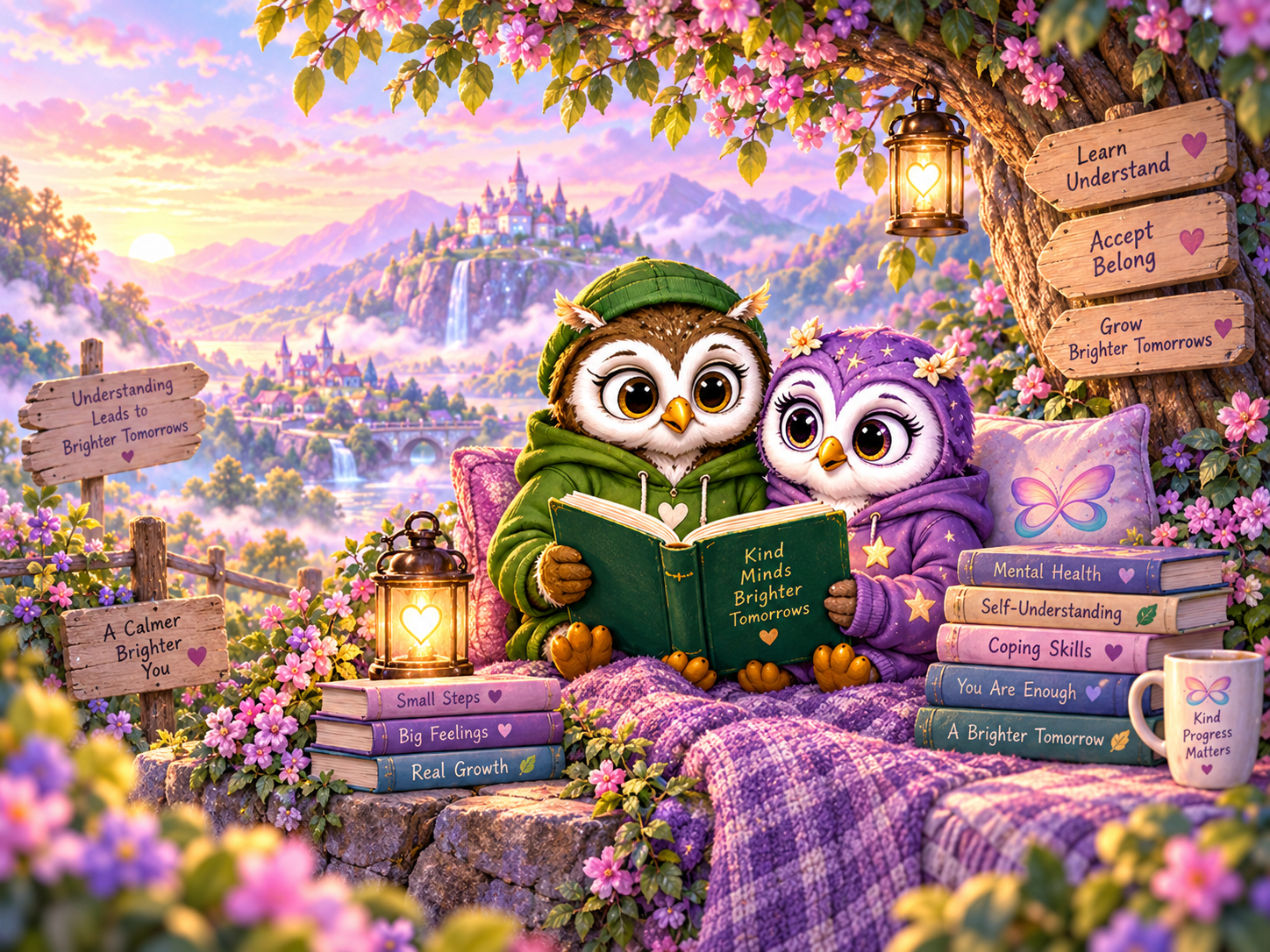 Olive Owl and Twinkle Owl reading together in a calm learning environment representing understanding, reflection and growth.