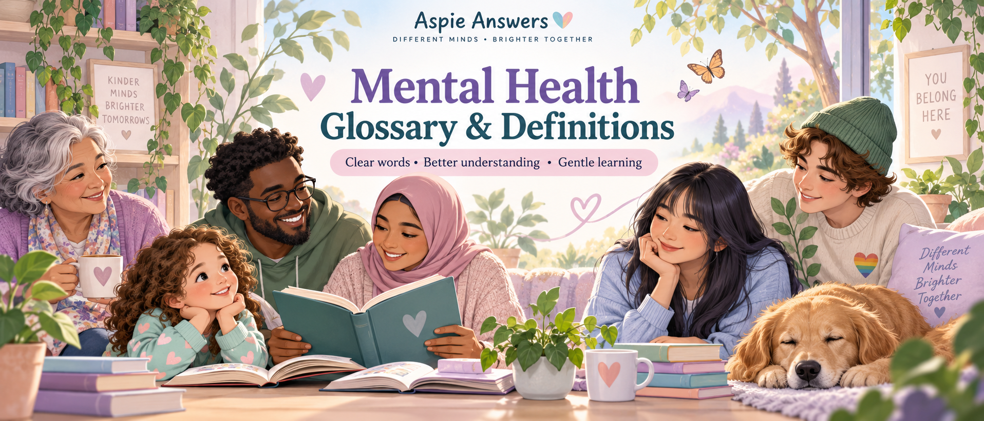 Mental Health Glossary and Definitions banner with diverse people reading together in a warm, welcoming space.