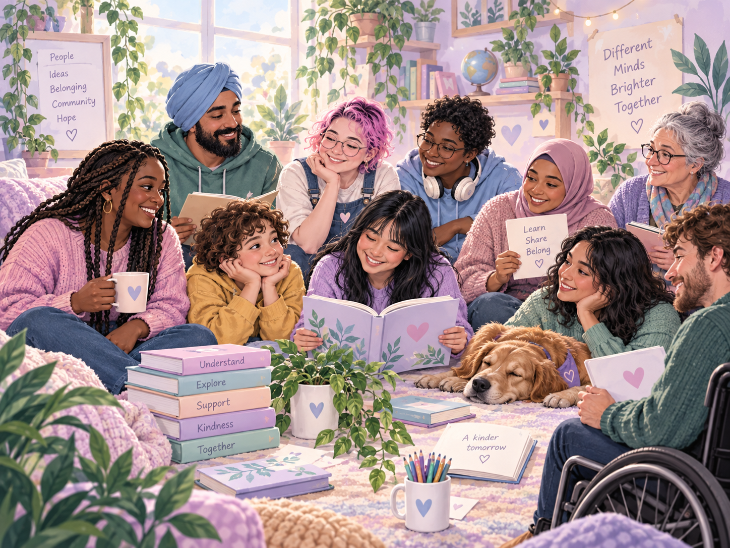 Diverse people sitting in a cozy learning circle reading and discussing books together.