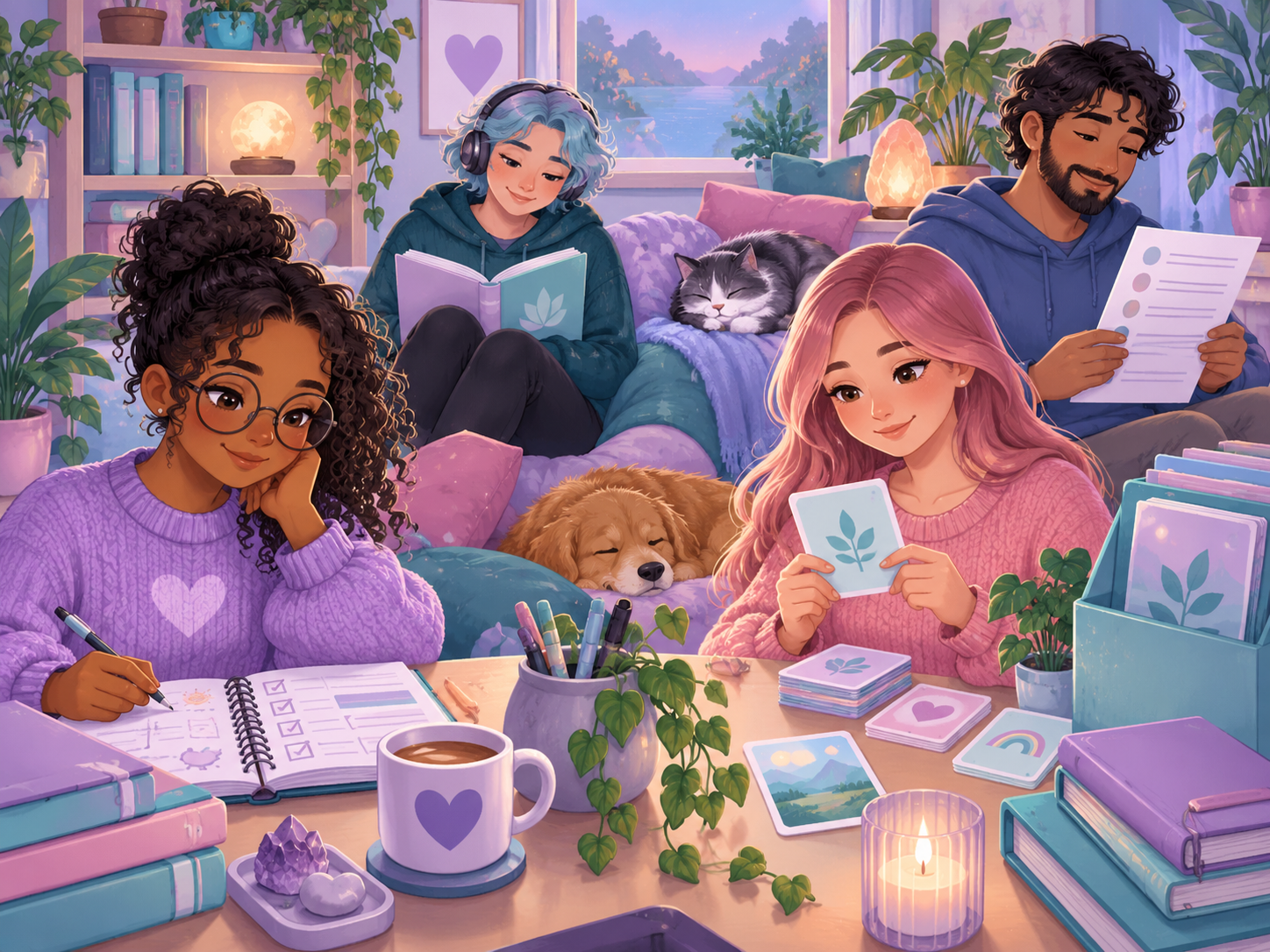 A diverse group using journals, guides and wellbeing tools together in a calm supportive space.