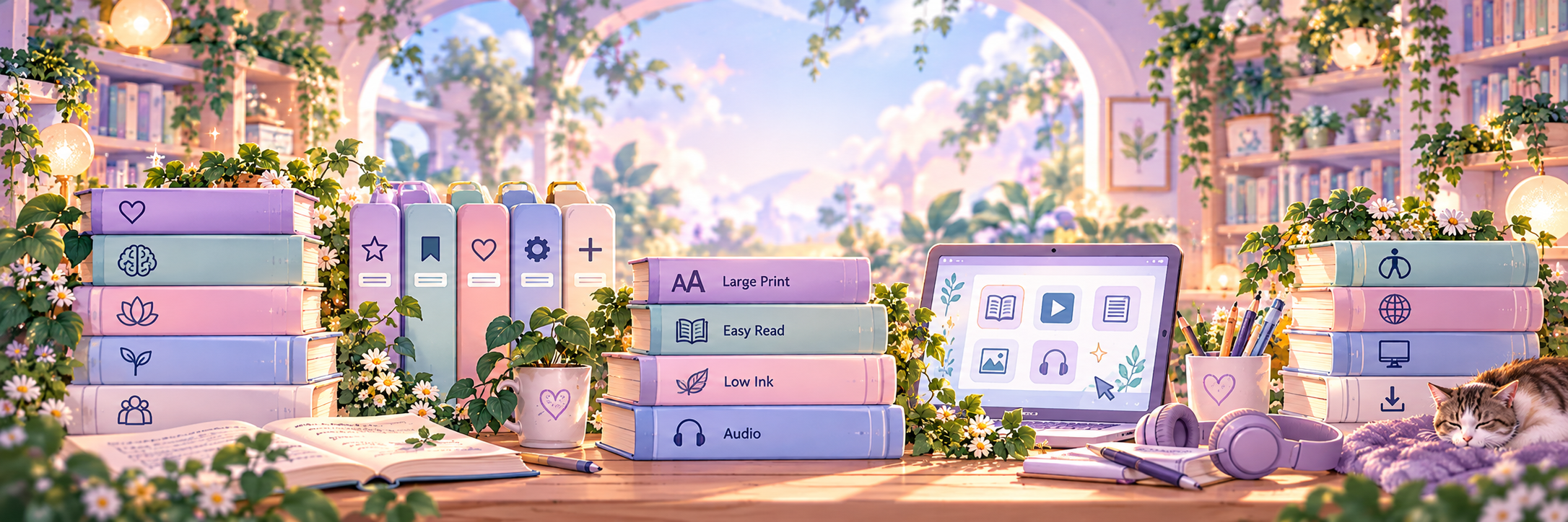 Pastel Mental Health Library scene representing accessible formats, large print, easy read, low-ink and digital resources.