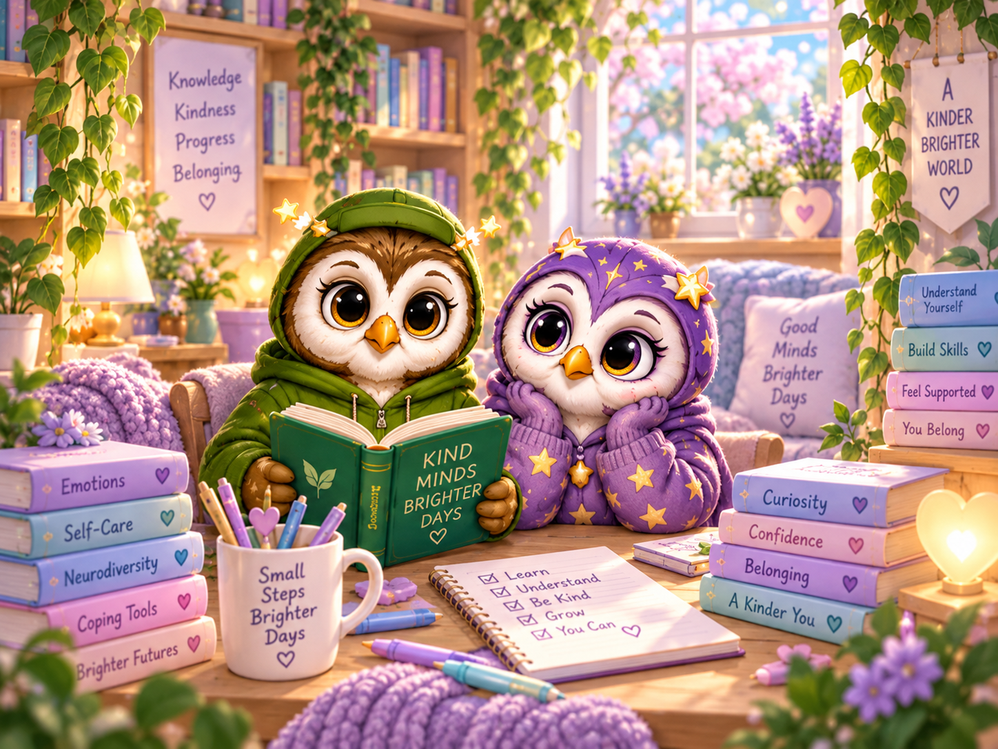 Aspie Answers companions in a welcoming Mental Health Library setting.