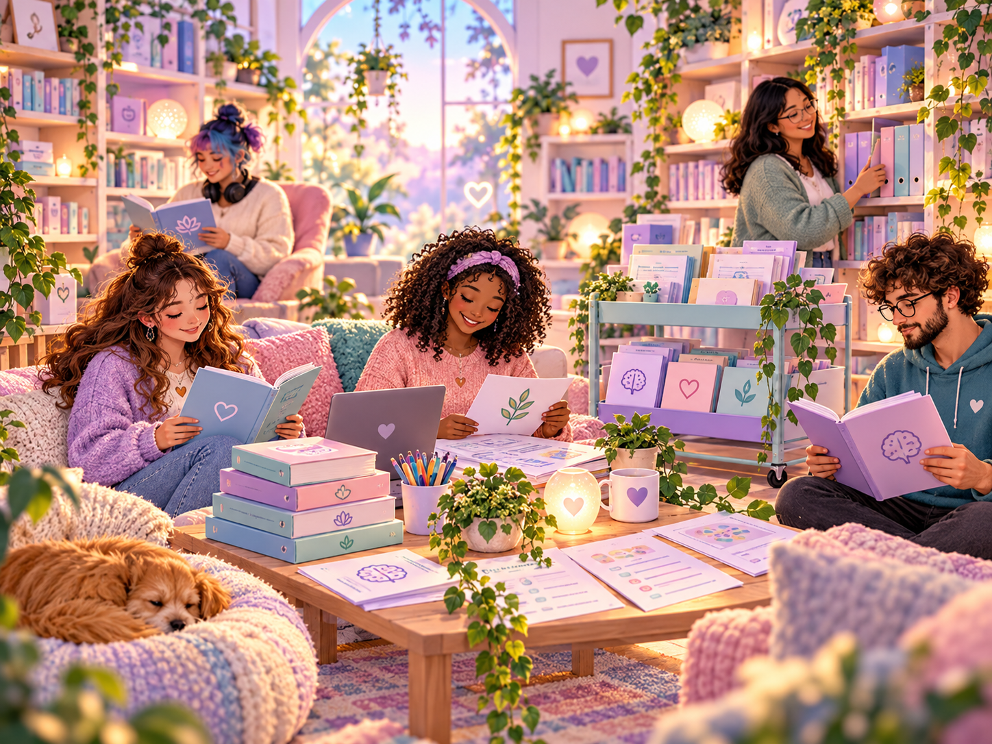 A welcoming Mental Health Library scene with people exploring books, digital resources and printable support materials.
