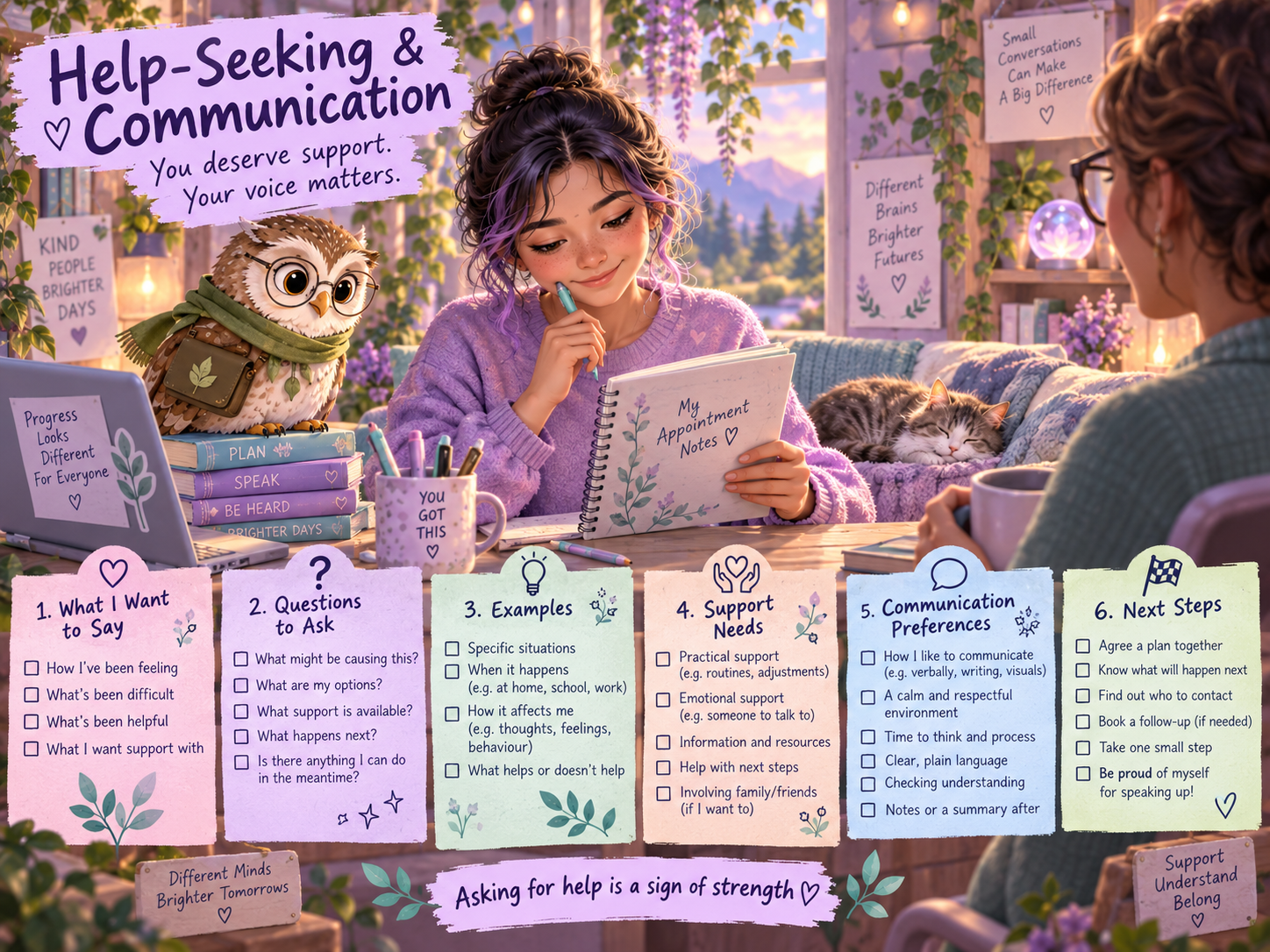 Help-seeking and communication visual with appointment preparation and self-advocacy ideas.