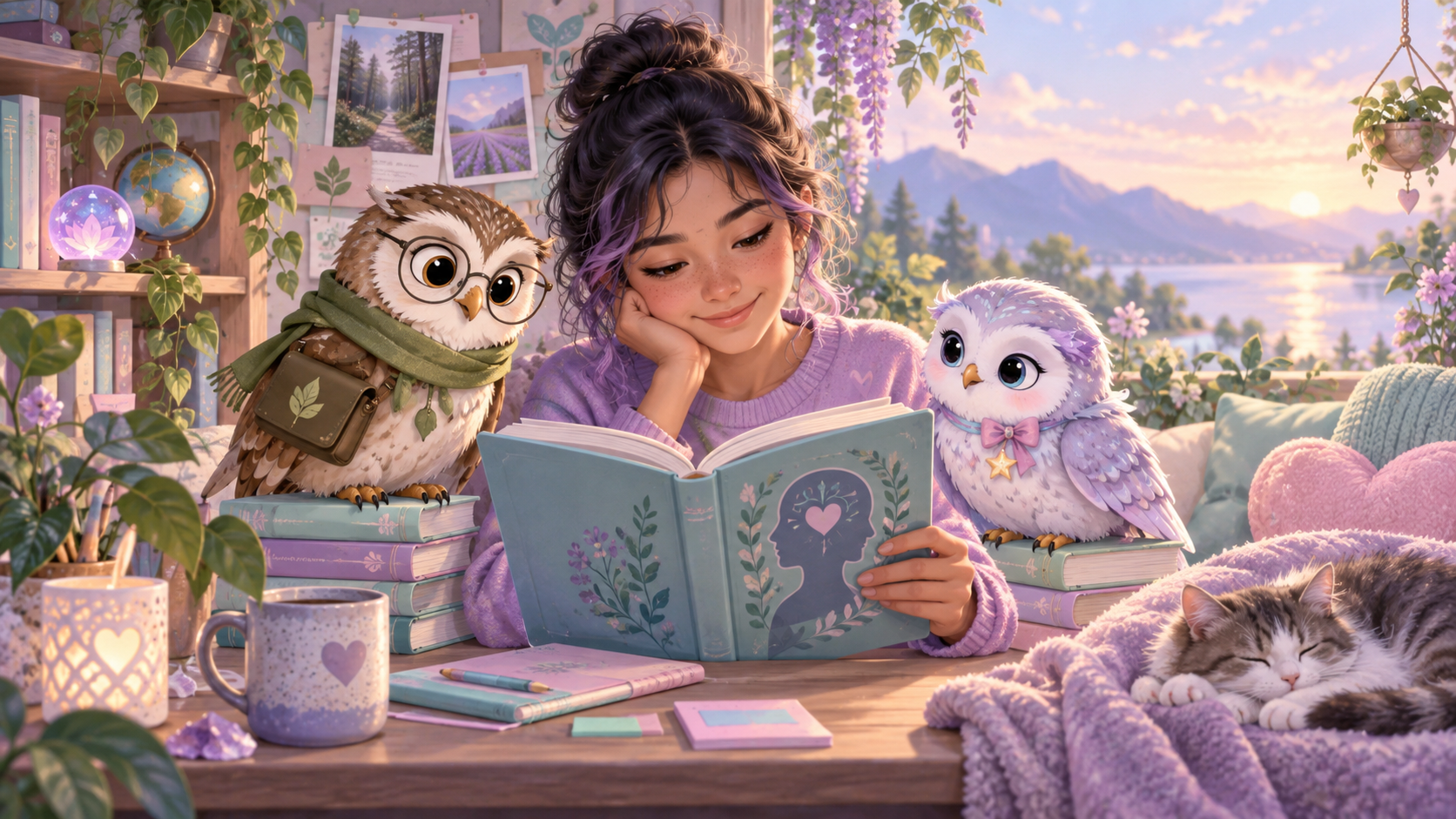 Semi-realistic person learning about mental health information with supportive Aspie Answers companions.