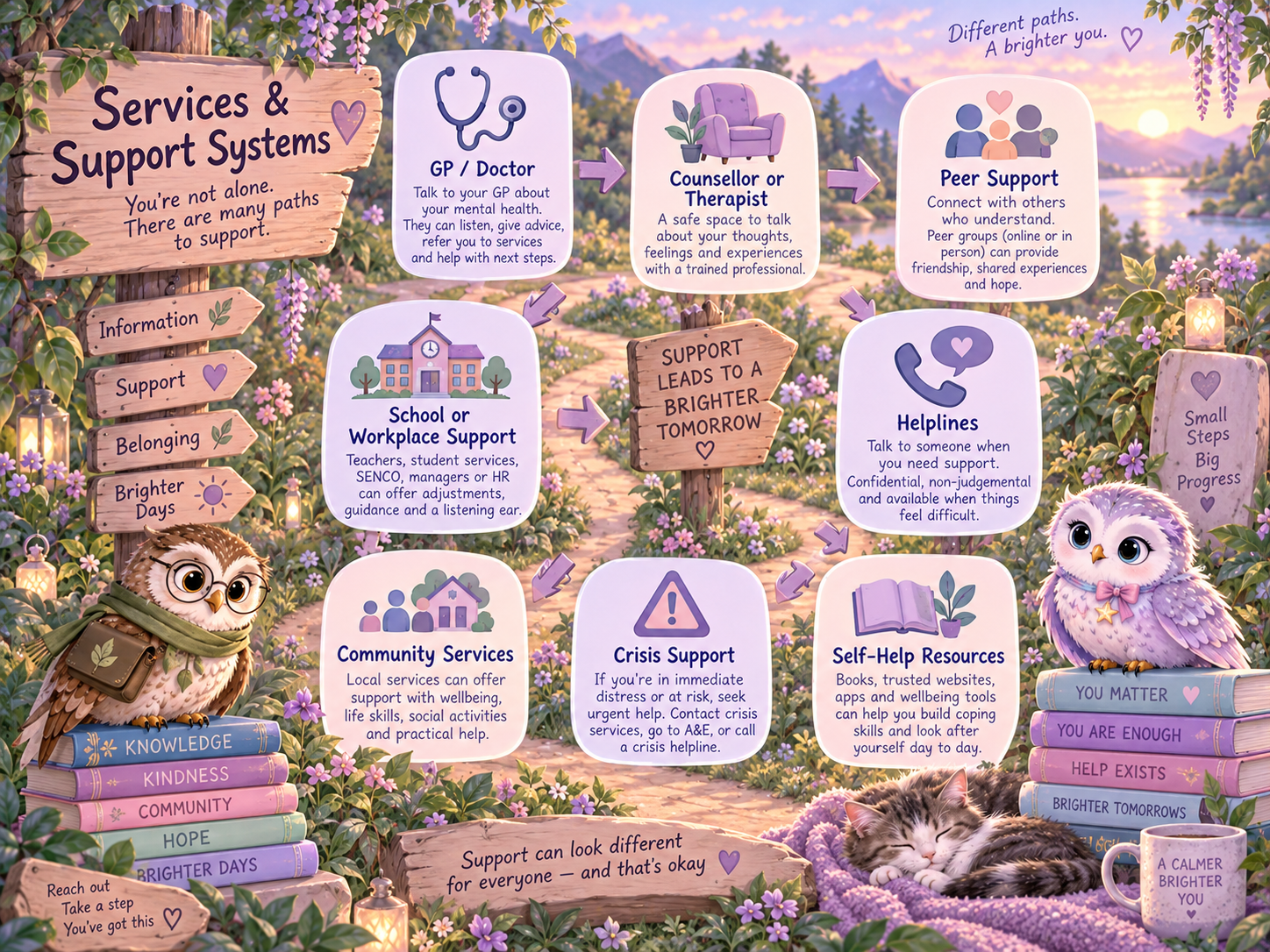 Visual explaining different mental-health services and support pathways.