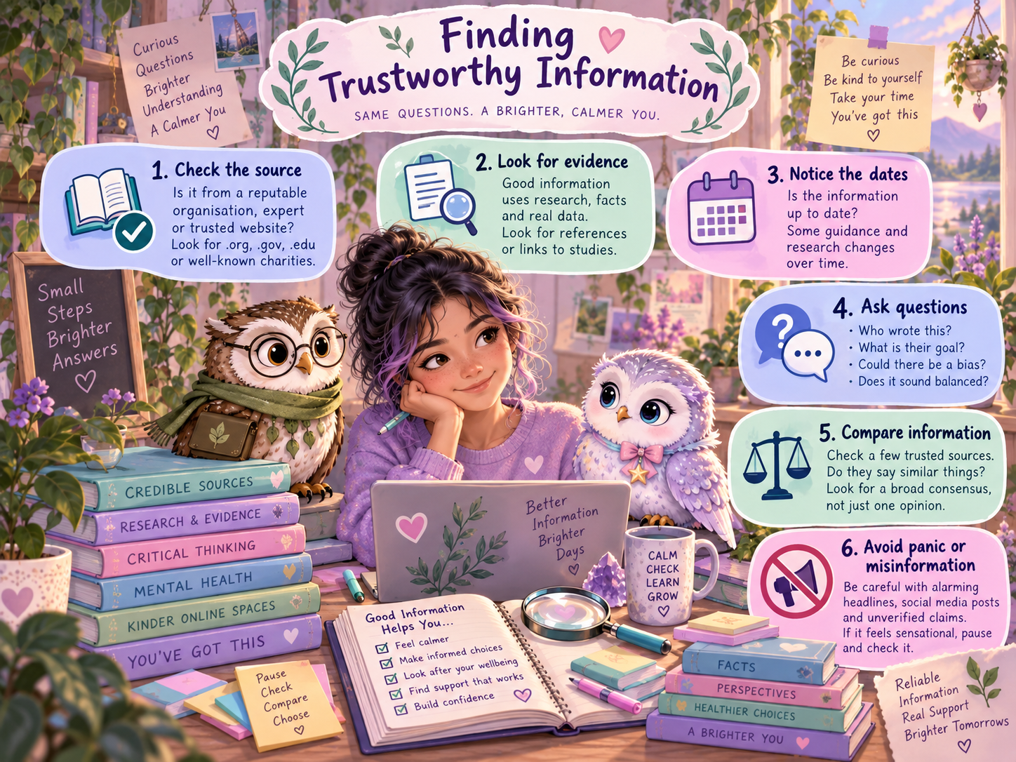 Finding trustworthy mental-health information visual with source, evidence, date and comparison checks.