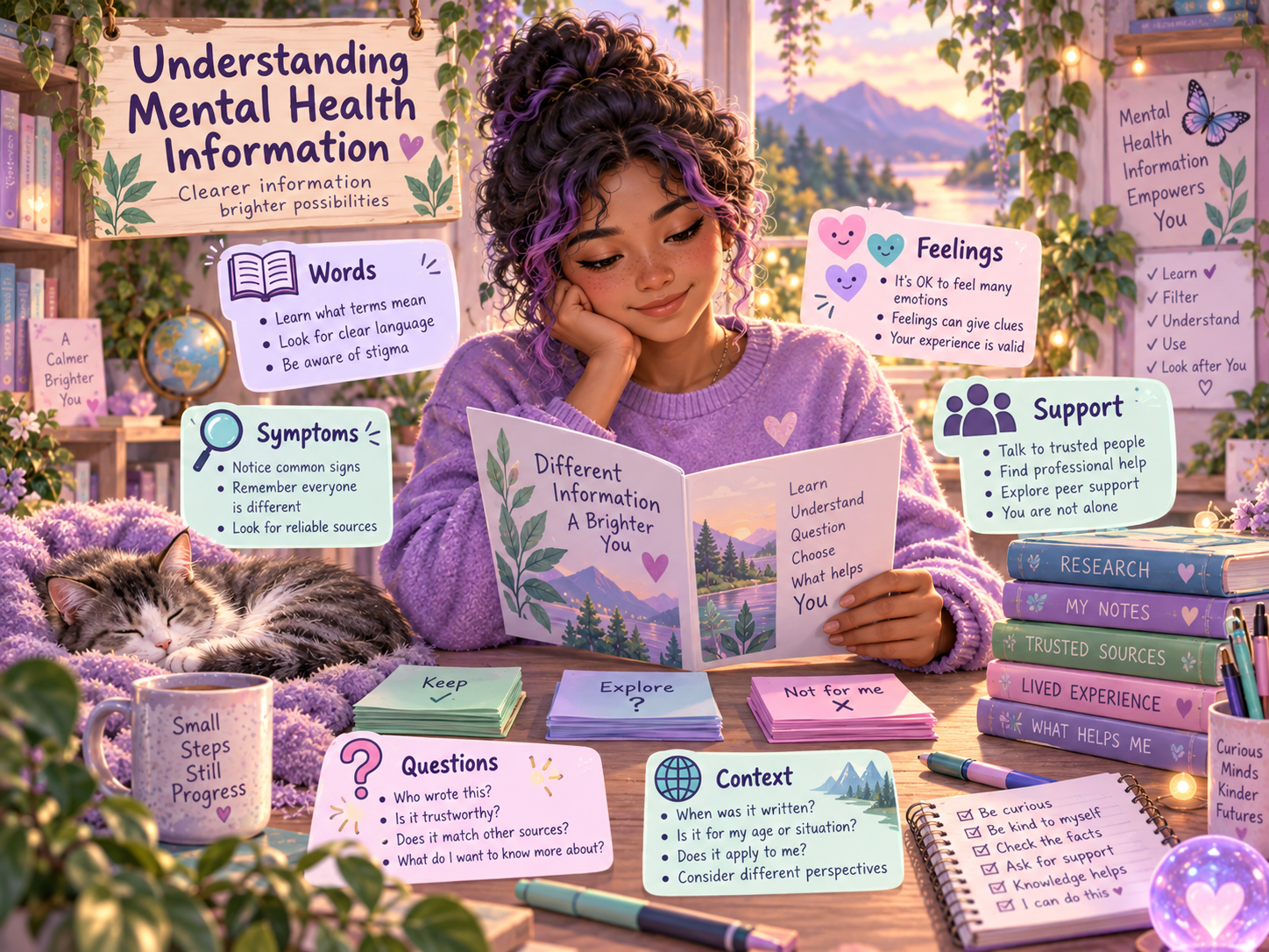 Visual guide to understanding mental-health information, terminology, symptoms and support.