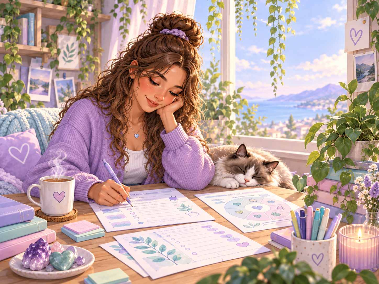 A person using mental health worksheets and reflection tools in a calm pastel wellbeing space.