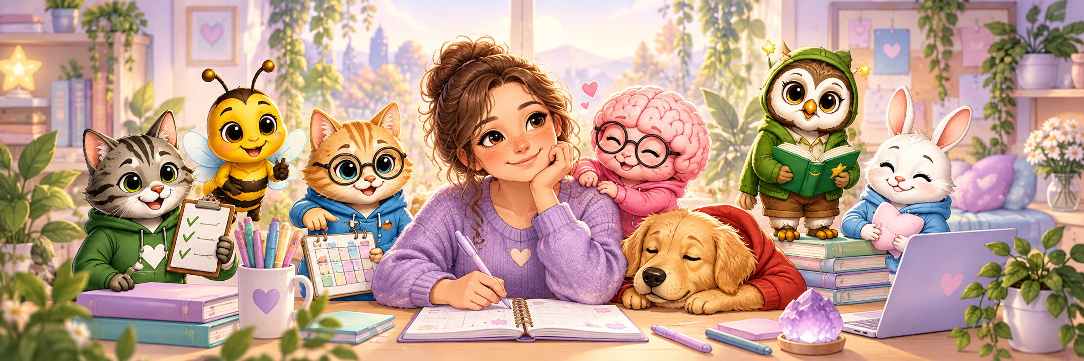 Mental Health Resource Collections with a semi-realistic kawaii person and Aspie Answers Companion characters exploring practical mental health resources.
