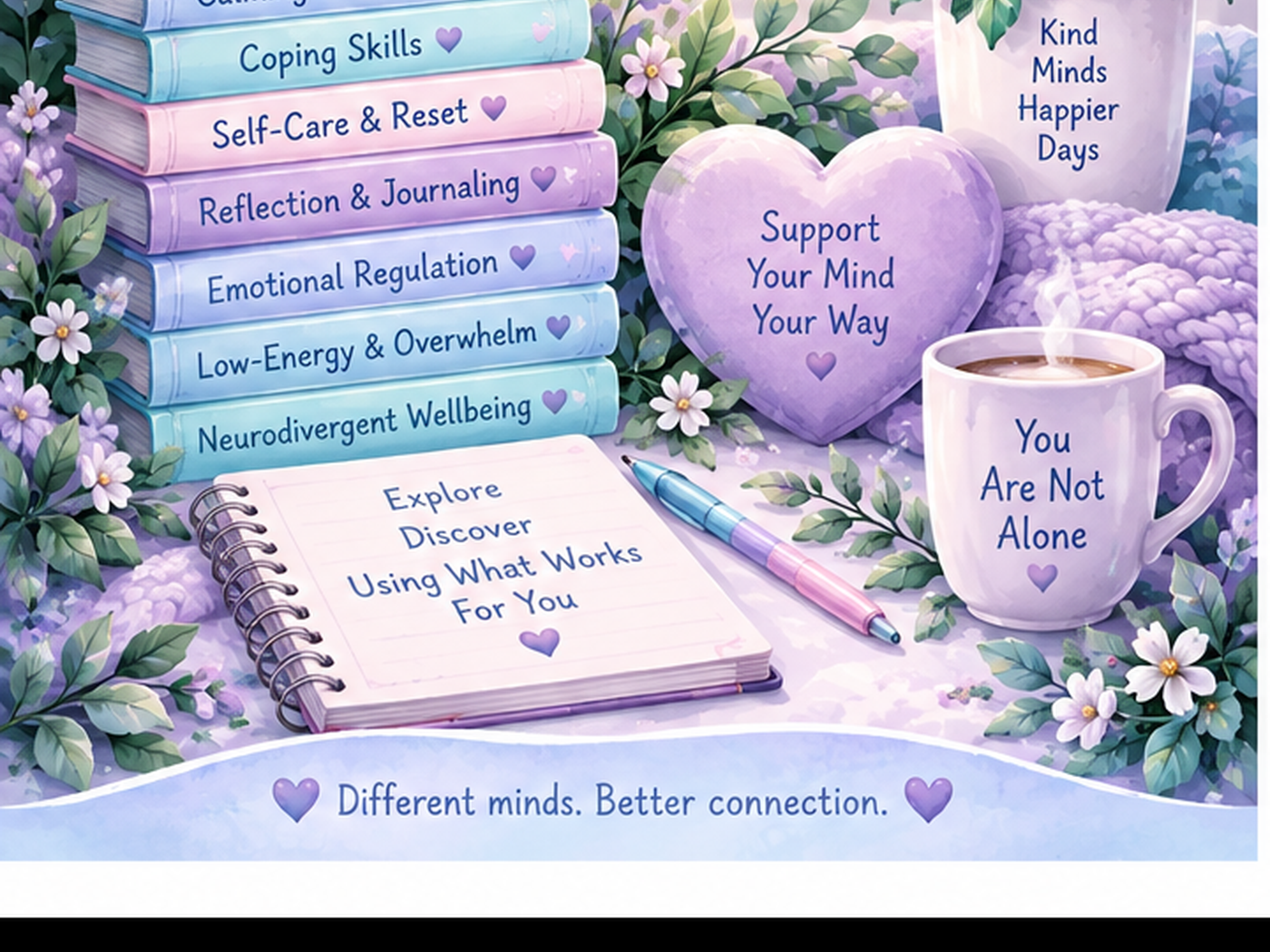 Pastel mental health resource collection scene with books, supportive tools and calming stationery.