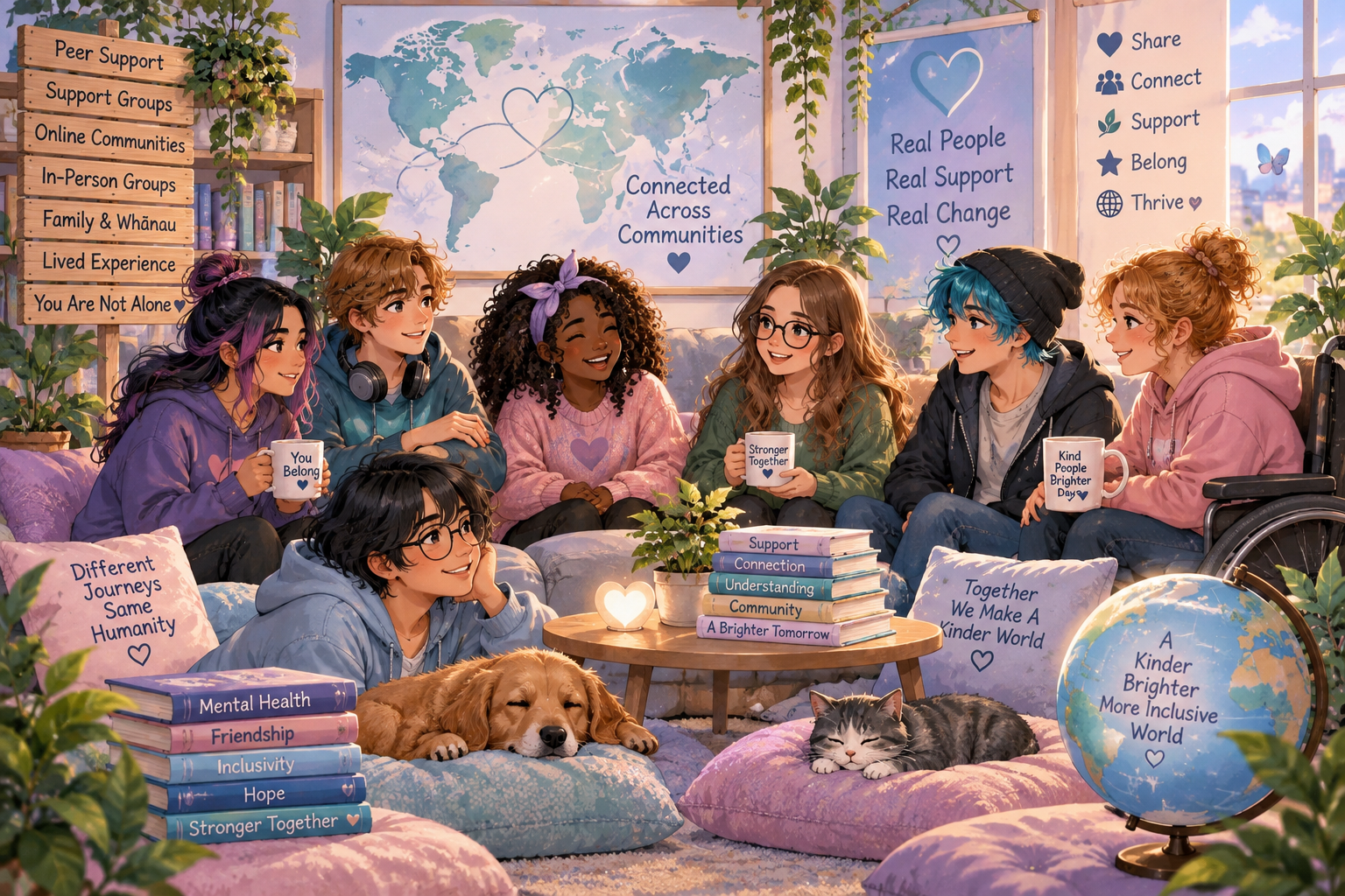 Inclusive peer-support community scene representing connection, belonging and shared support