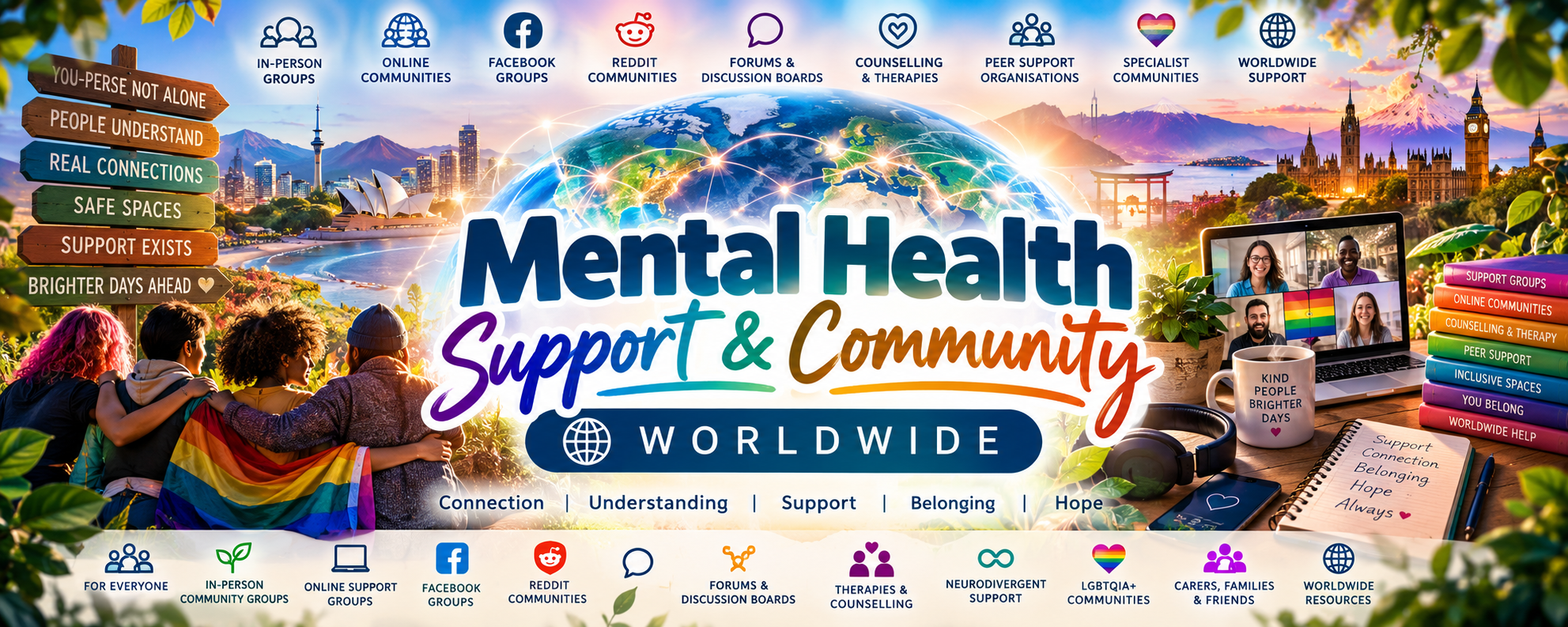 Mental Health Support and Community Worldwide banner showing global connection, community support, online connection and inclusive support pathways.