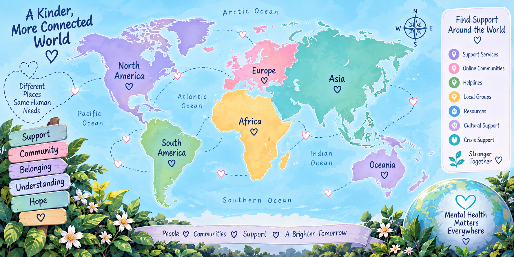 Illustrated world map used as an interactive regional community-support selector