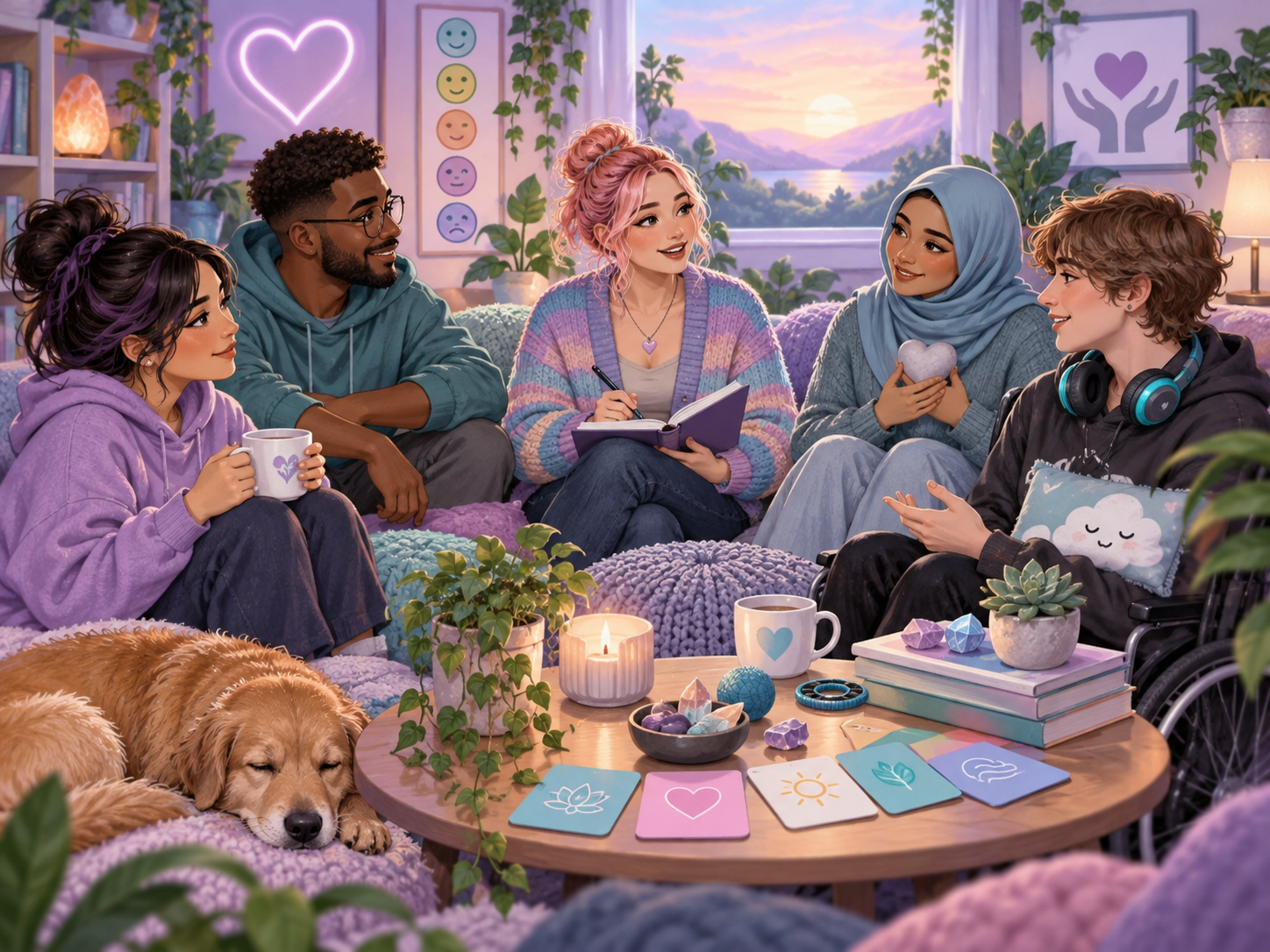 A diverse group sharing a calm supportive space with wellbeing tools, conversation and connection.
