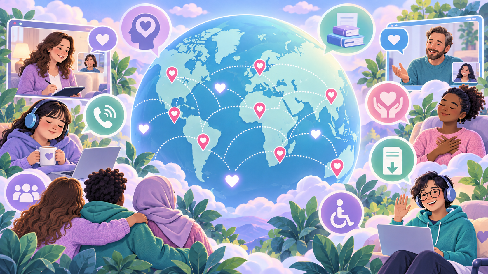 Illustrated world map used as an interactive regional mental-health support selector
