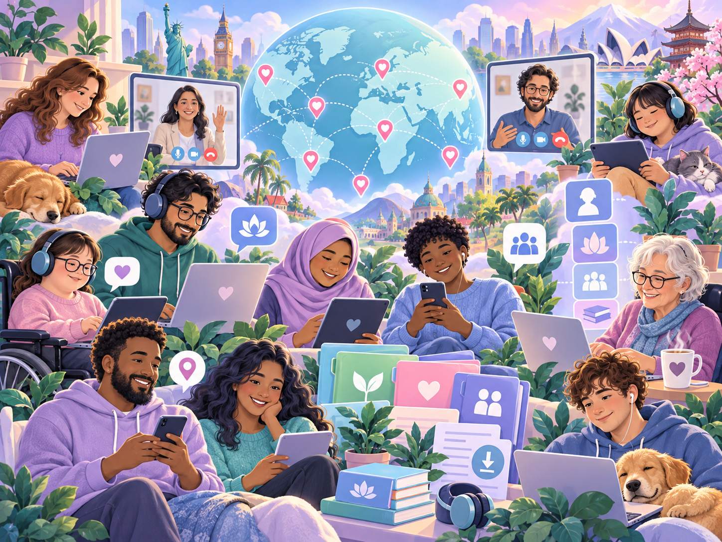 Illustration representing accessible mental-health support, connection and online service pathways