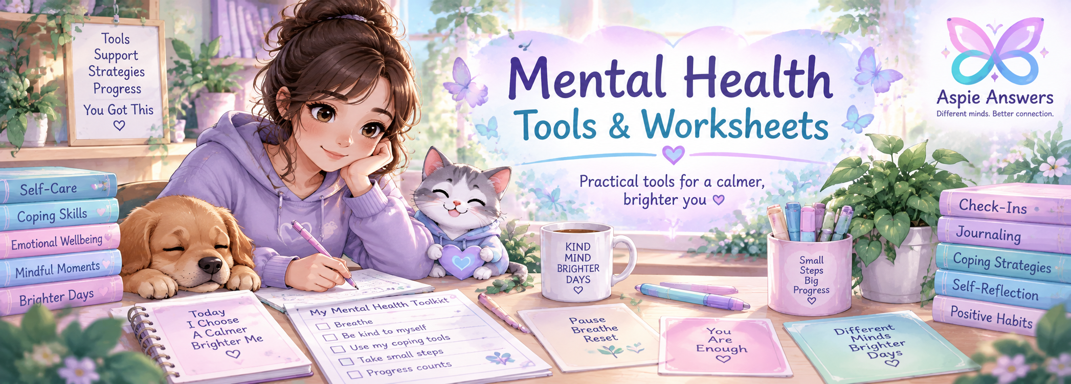 Mental Health Tools and Worksheets — practical check-ins, coping resources, calming tools and reflection supports from Aspie Answers.