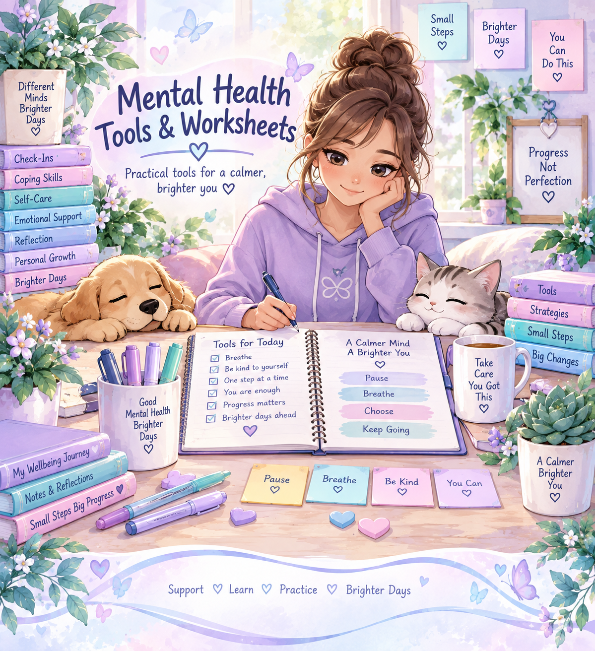 Pastel mental-health tools including a wellbeing checklist, notebooks, pens, calming resources and supportive stationery.
