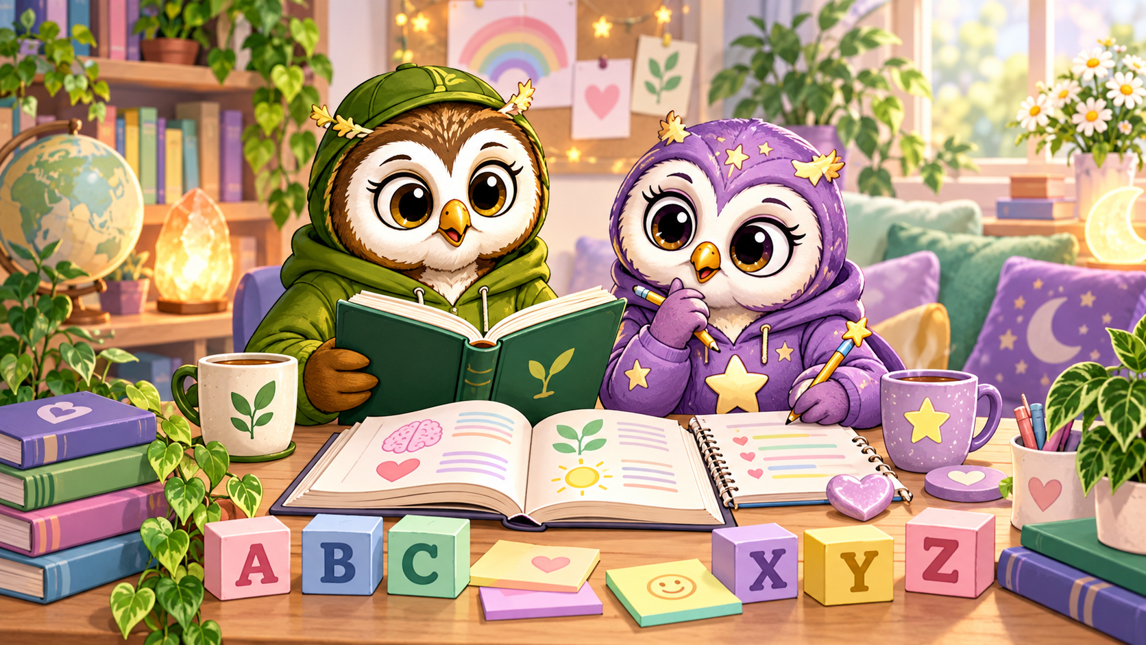 Olive Owl and Twinkle Owl exploring mental health education resources