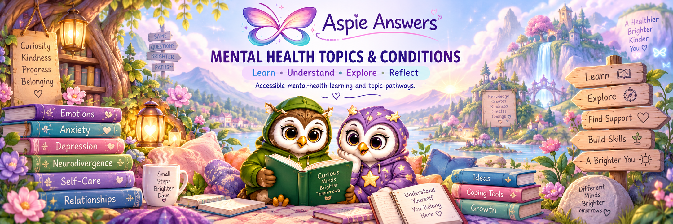 Mental Health Topics and Conditions with Olive Owl and Twinkle Owl introducing accessible mental-health learning pathways.