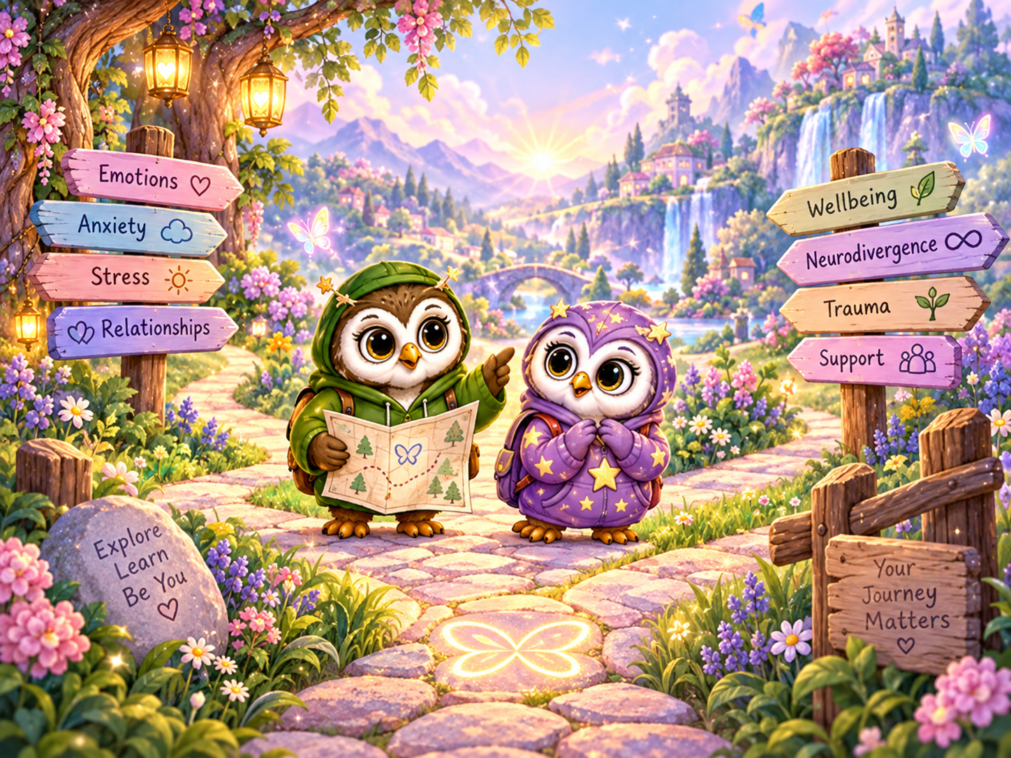 Olive Owl and Twinkle Owl exploring different mental-health learning pathways.