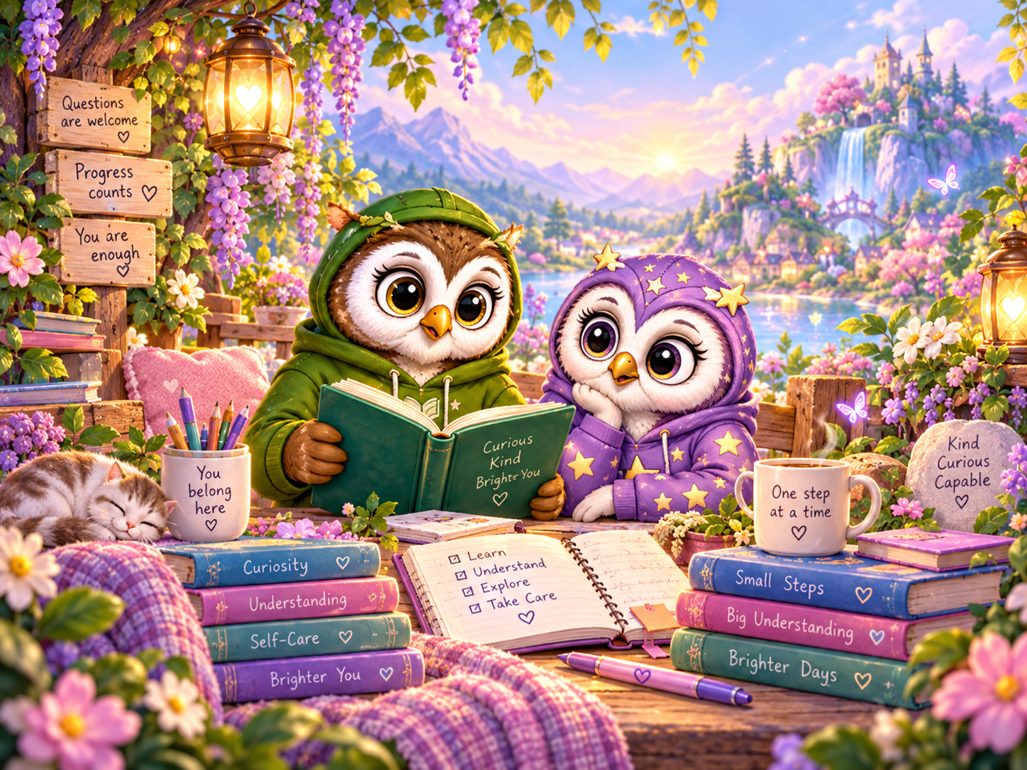Olive Owl and Twinkle Owl learning together and encouraging curiosity, understanding and gentle mental-health education.
