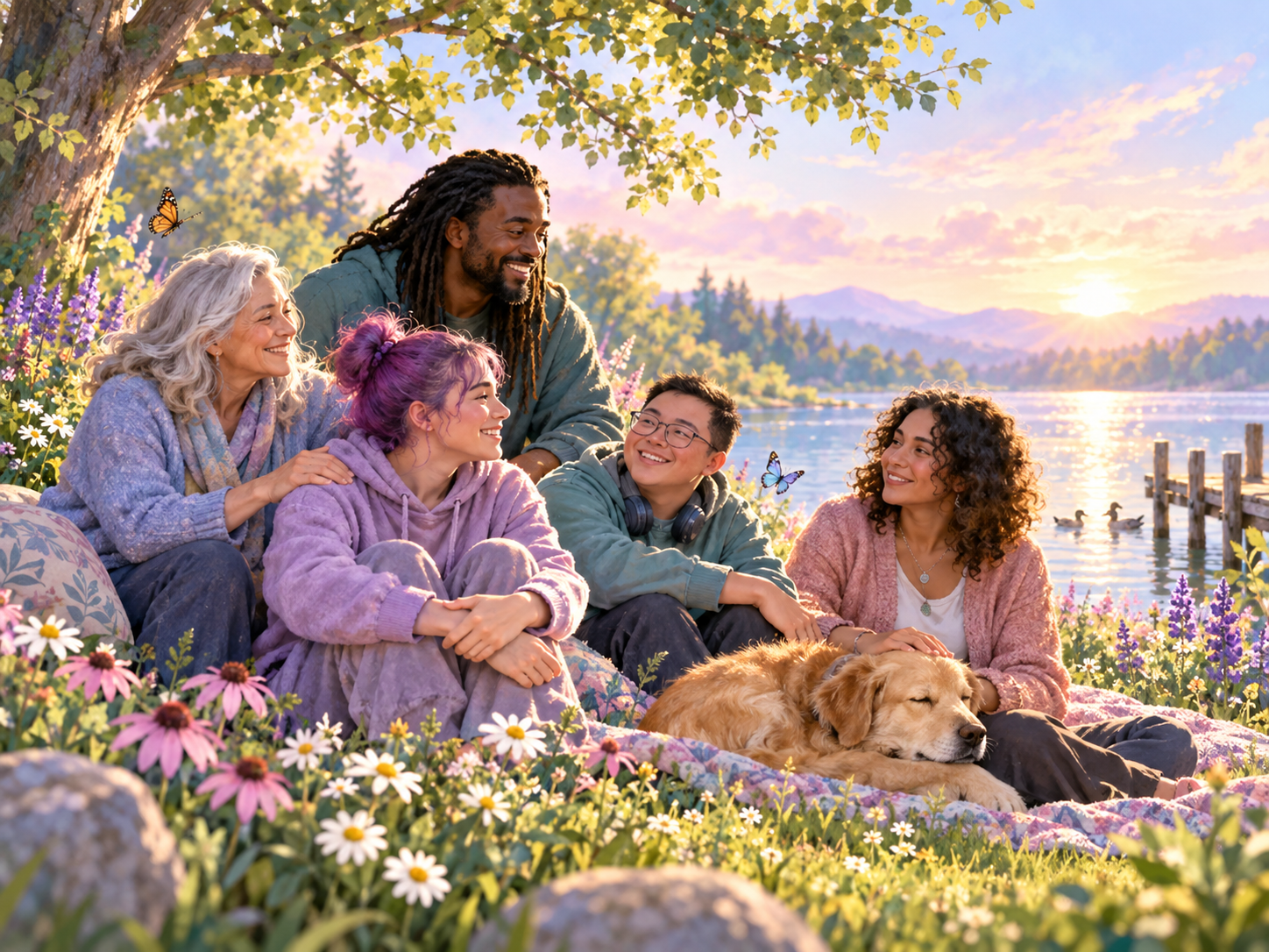 A diverse group sharing a calm community space.