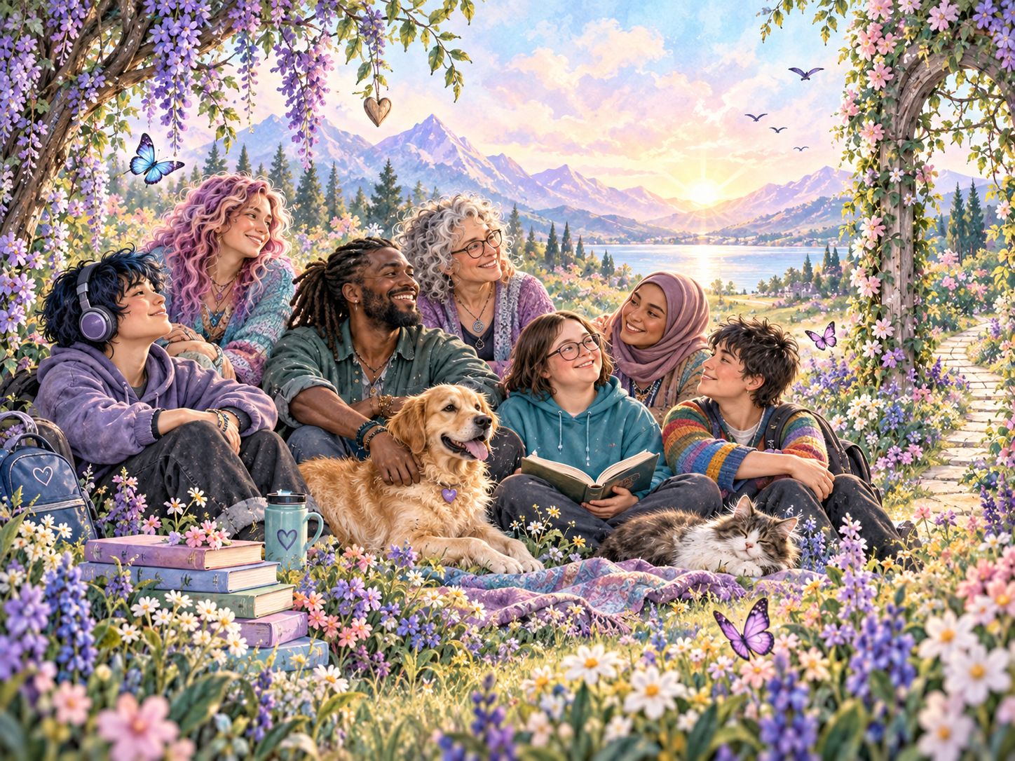 A diverse community gathering in a calm outdoor setting, representing belonging and inclusion.