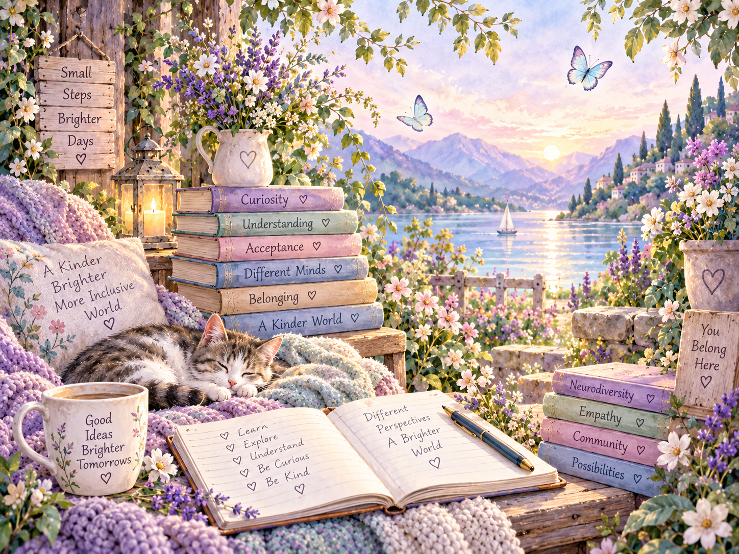 A calm lakeside reading nook with books and a notebook.