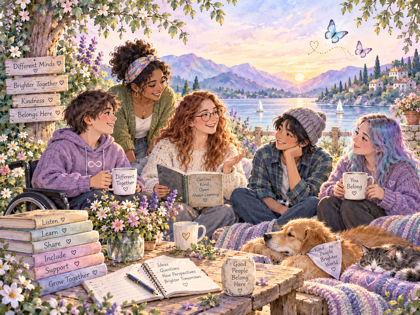 A diverse group sharing a calm community space outdoors.