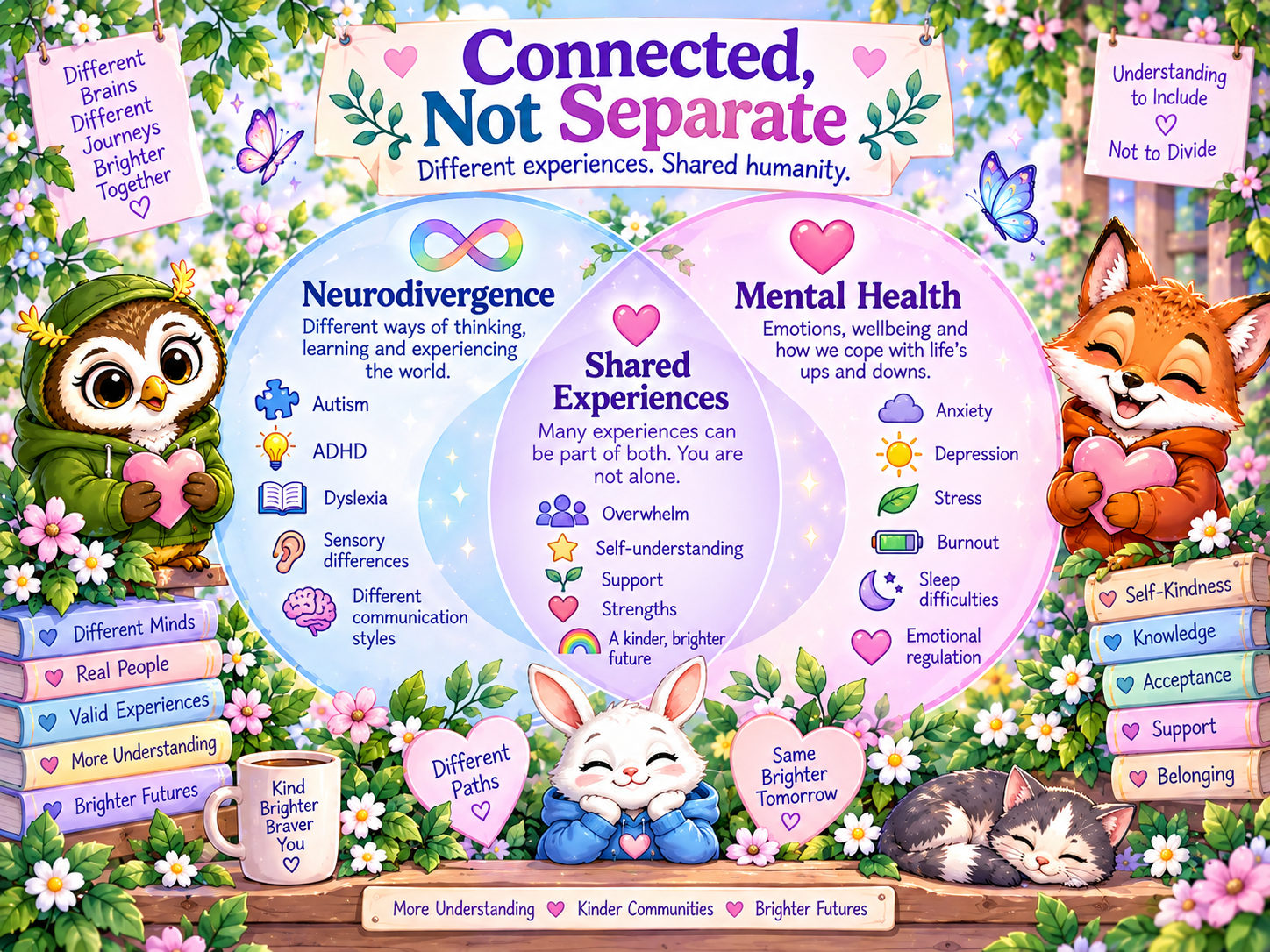 Visual showing overlap between neurodivergence, mental health, life demands and support needs.
